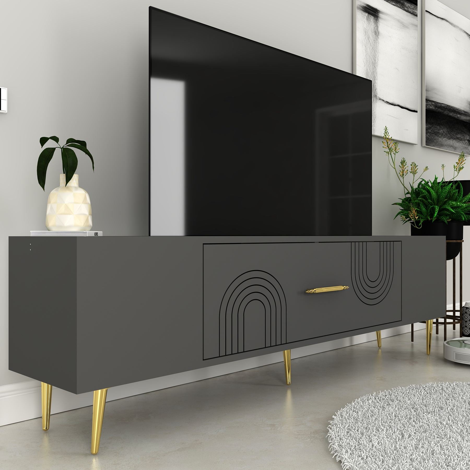 Móvel de TV – 150 cm x 48,2 cm x 29,6 cm – Antracite e Dourado – Painéis de partículas com revestimento em melamina