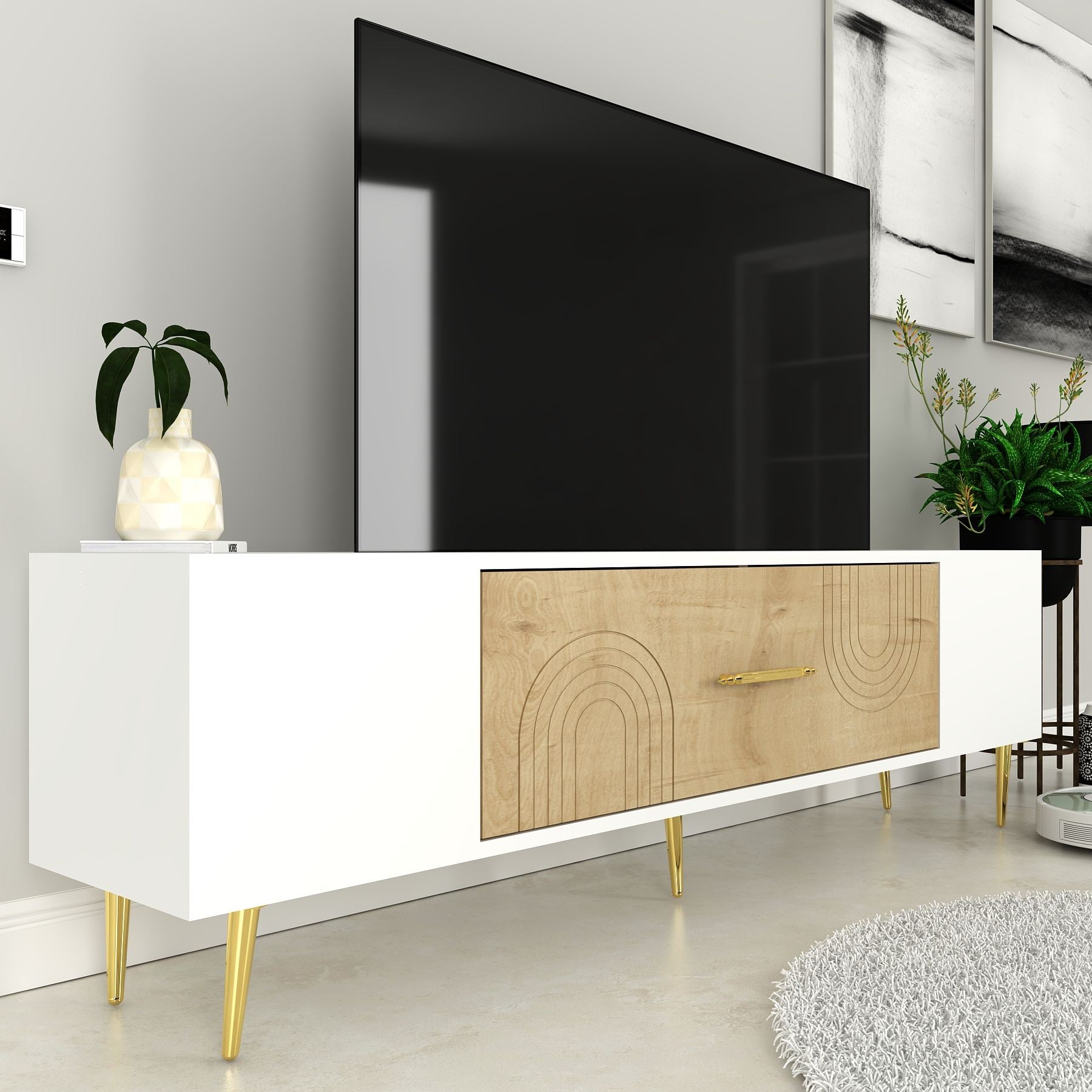 Móvel de TV – 150 cm x 48.2 cm x 29.6 cm – Carvalho Safira, Branco, Dourado – Painel de Partículas