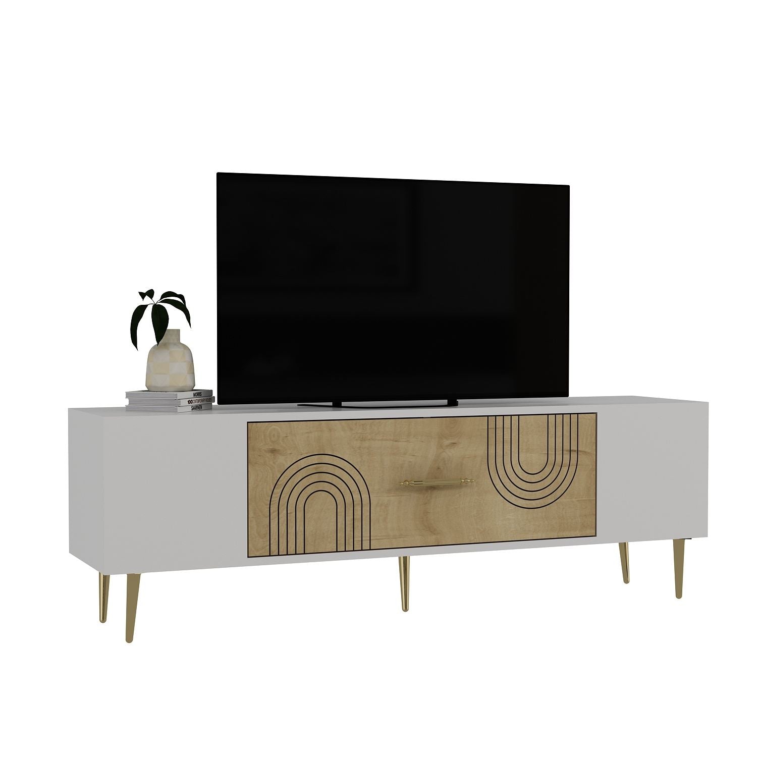 Móvel de TV – 150 cm x 48.2 cm x 29.6 cm – Carvalho Safira, Branco, Dourado – Painel de Partículas