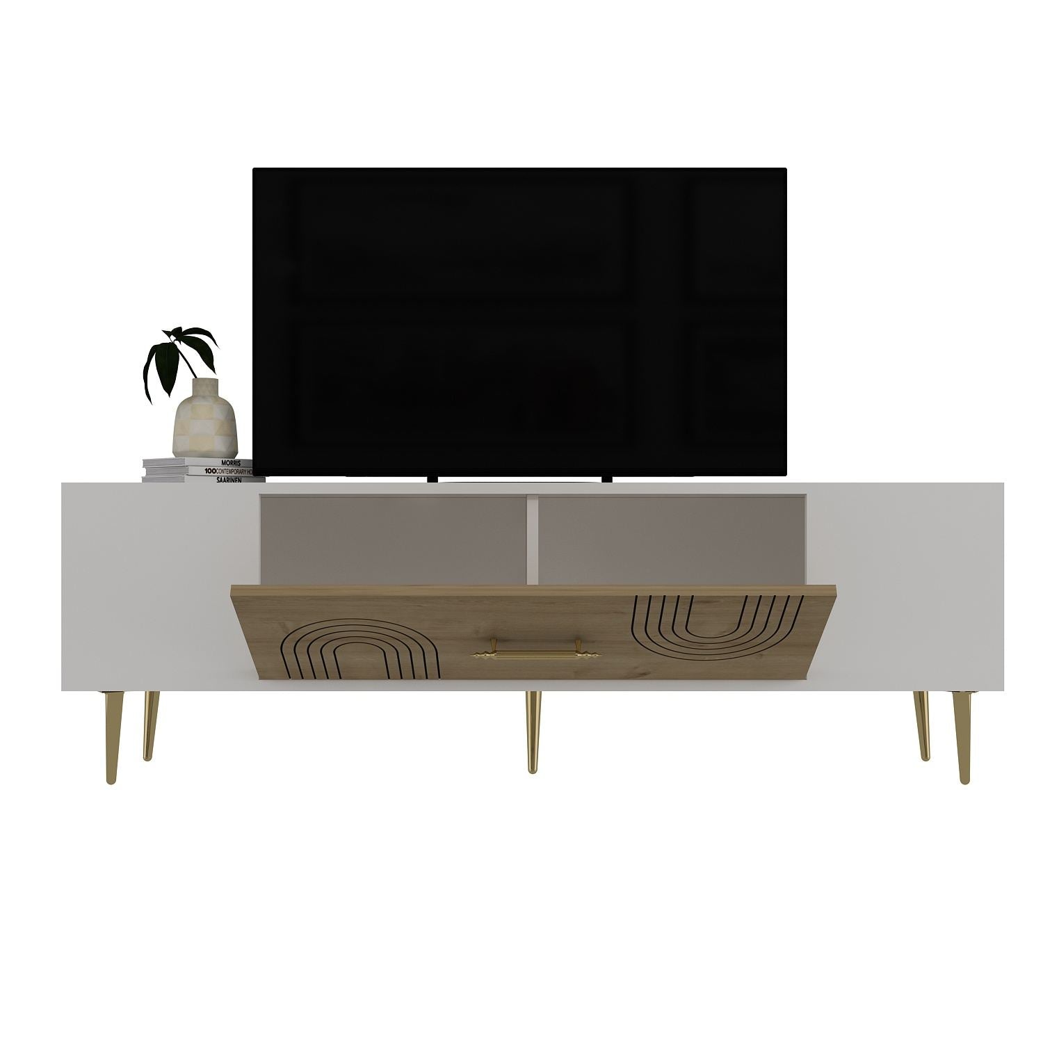 Móvel de TV – 150 cm x 48.2 cm x 29.6 cm – Carvalho Safira, Branco, Dourado – Painel de Partículas