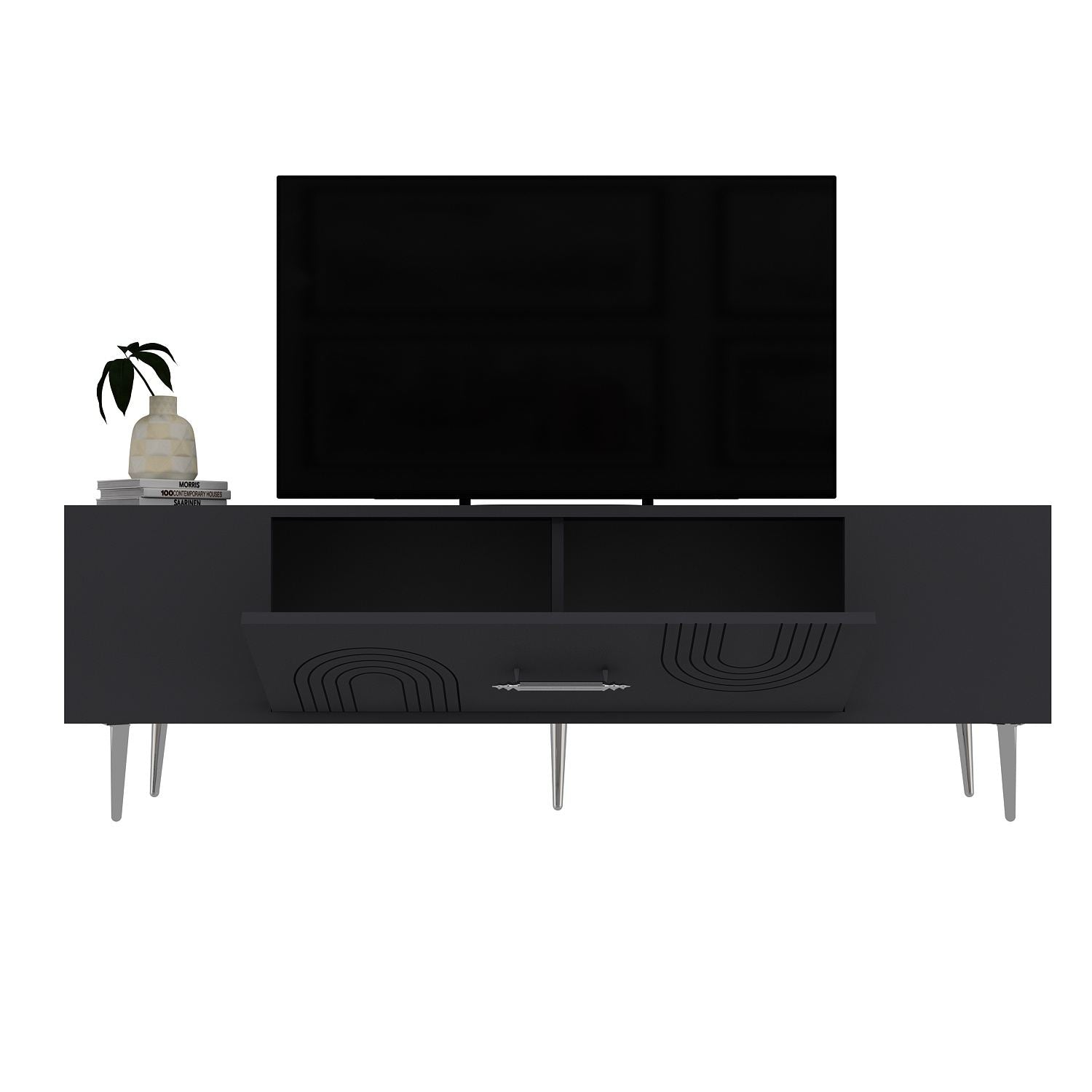 Móvel de TV – 150 cm x 48,2 cm x 29,6 cm – Antracite e Prata – Painel de partículas revestido a melamina