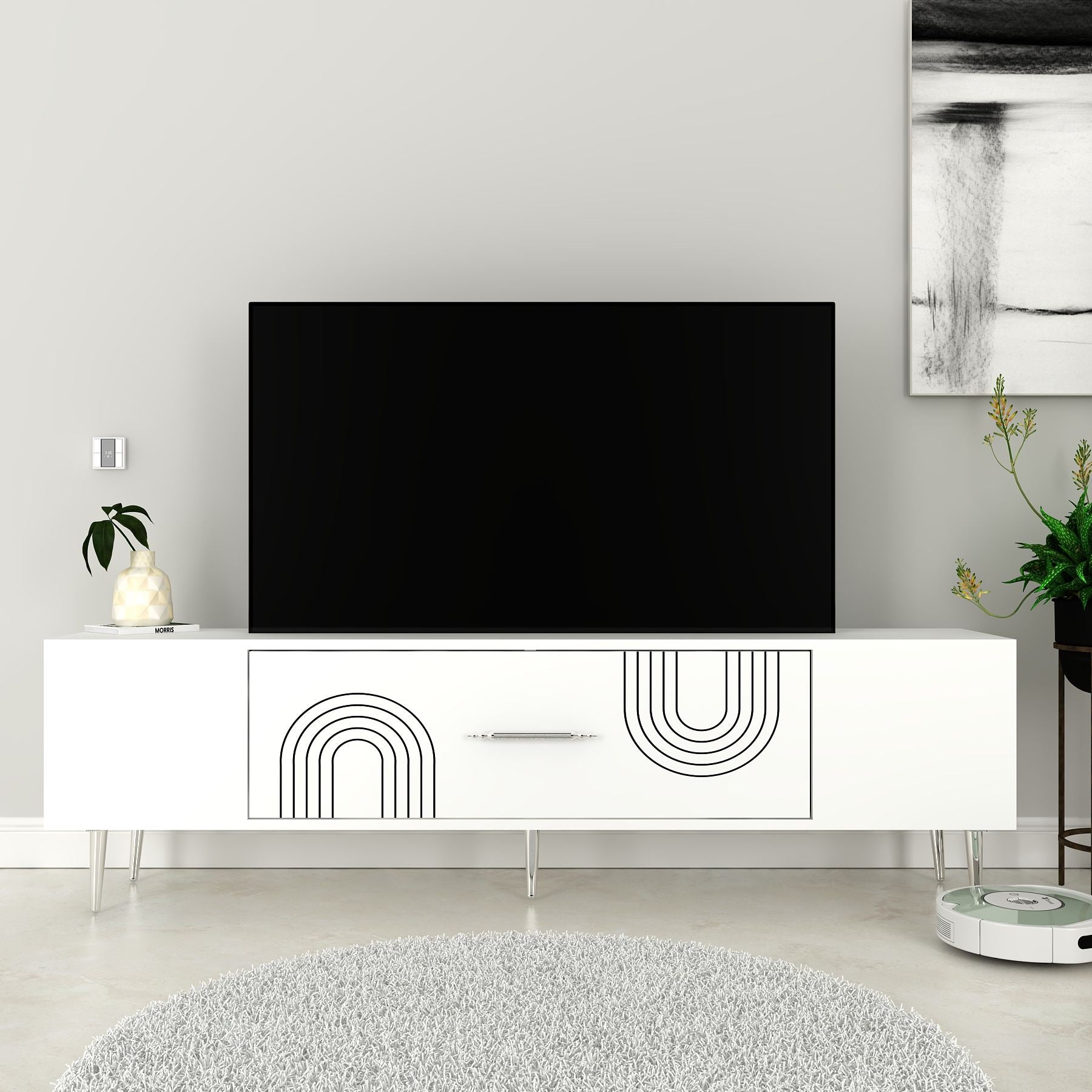 Móvel de TV – 150 cm x 48,2 cm x 29,6 cm – Branco e Prata – Painel de partículas revestido a melamina