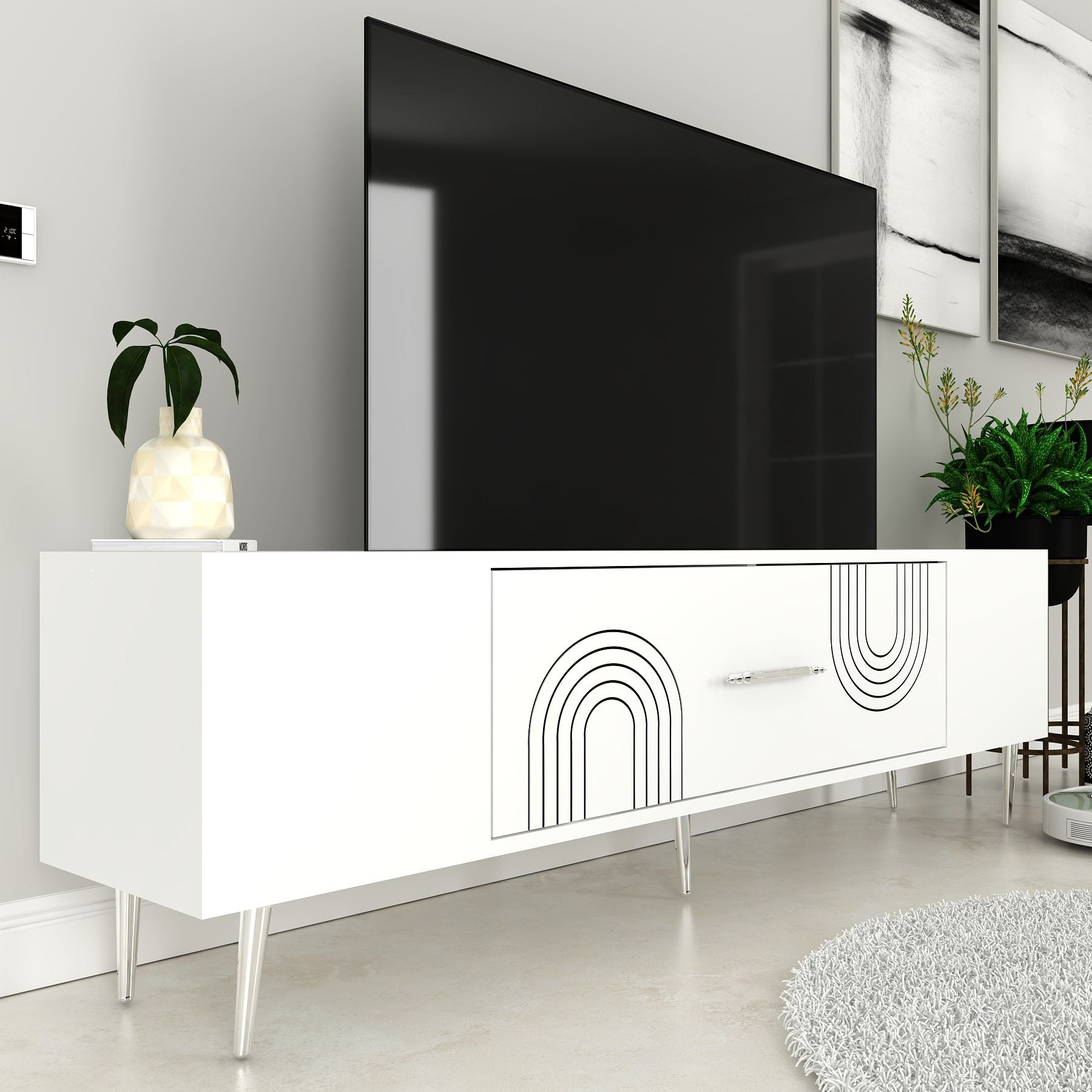 Móvel de TV – 150 cm x 48,2 cm x 29,6 cm – Branco e Prata – Painel de partículas revestido a melamina
