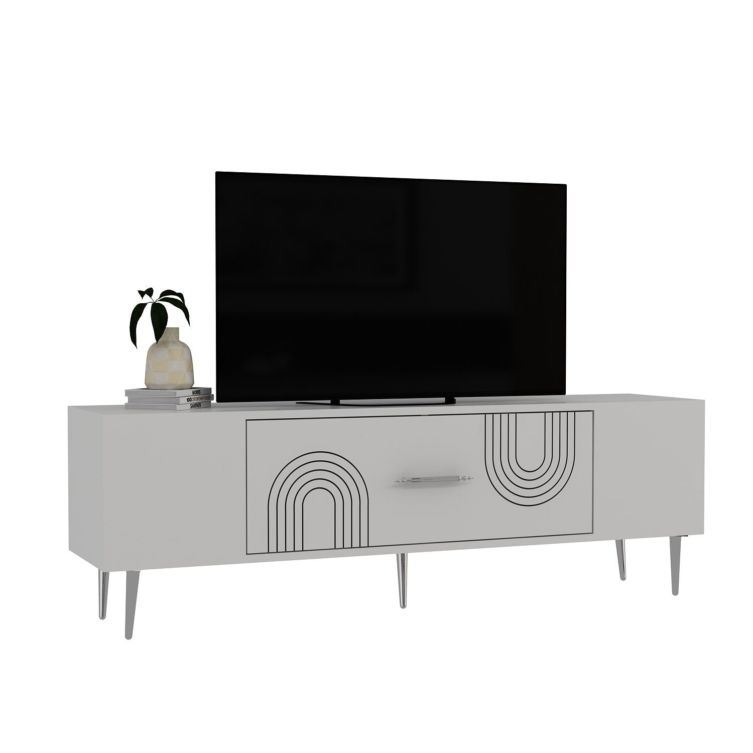 Móvel de TV – 150 cm x 48,2 cm x 29,6 cm – Branco e Prata – Painel de partículas revestido a melamina