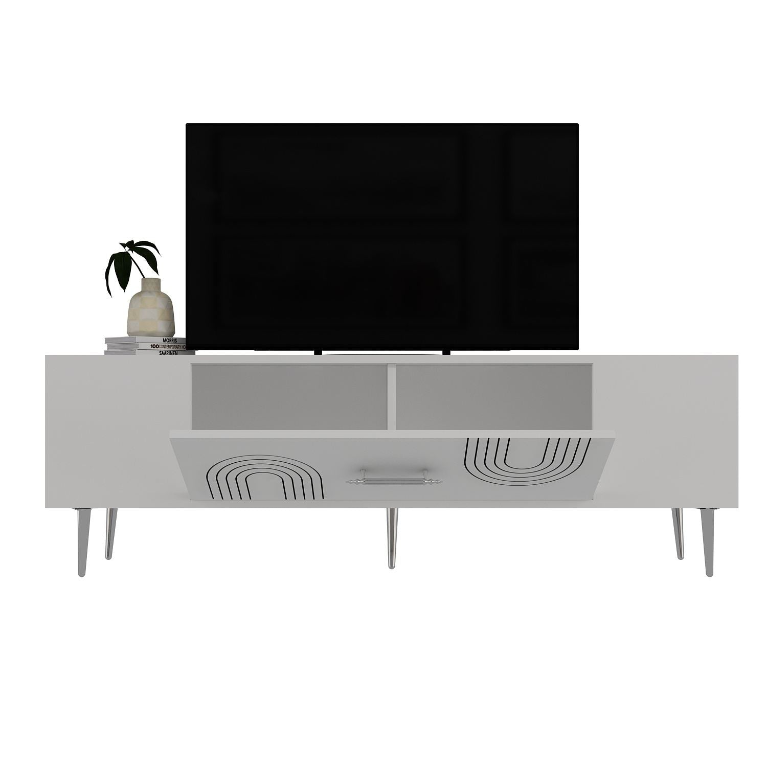 Móvel de TV – 150 cm x 48,2 cm x 29,6 cm – Branco e Prata – Painel de partículas revestido a melamina