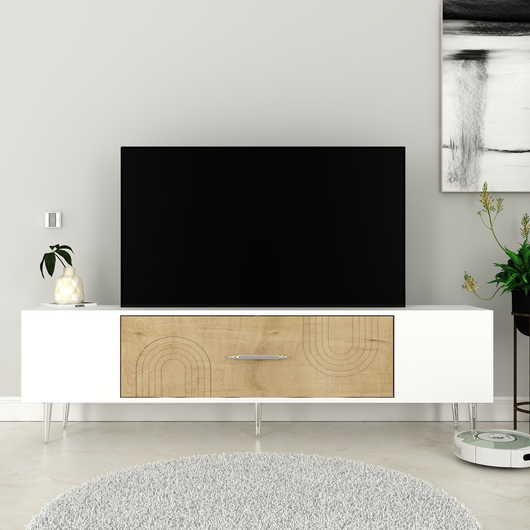 Móvel de TV – 150 cm x 48,2 cm x 29,6 cm – Carvalho Safira, Branco, Prata – Painel de partículas revestido a melamina