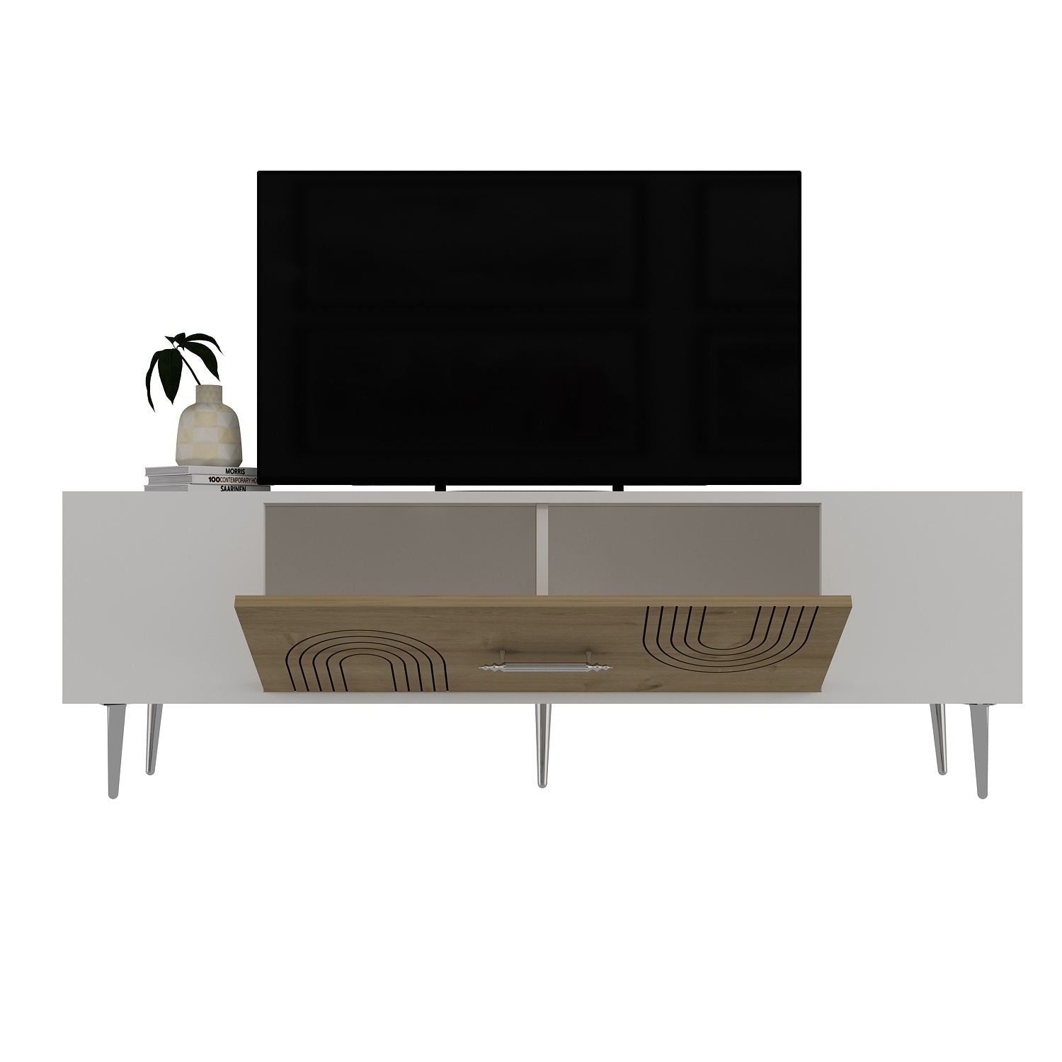 Móvel de TV – 150 cm x 48,2 cm x 29,6 cm – Carvalho Safira, Branco, Prata – Painel de partículas revestido a melamina