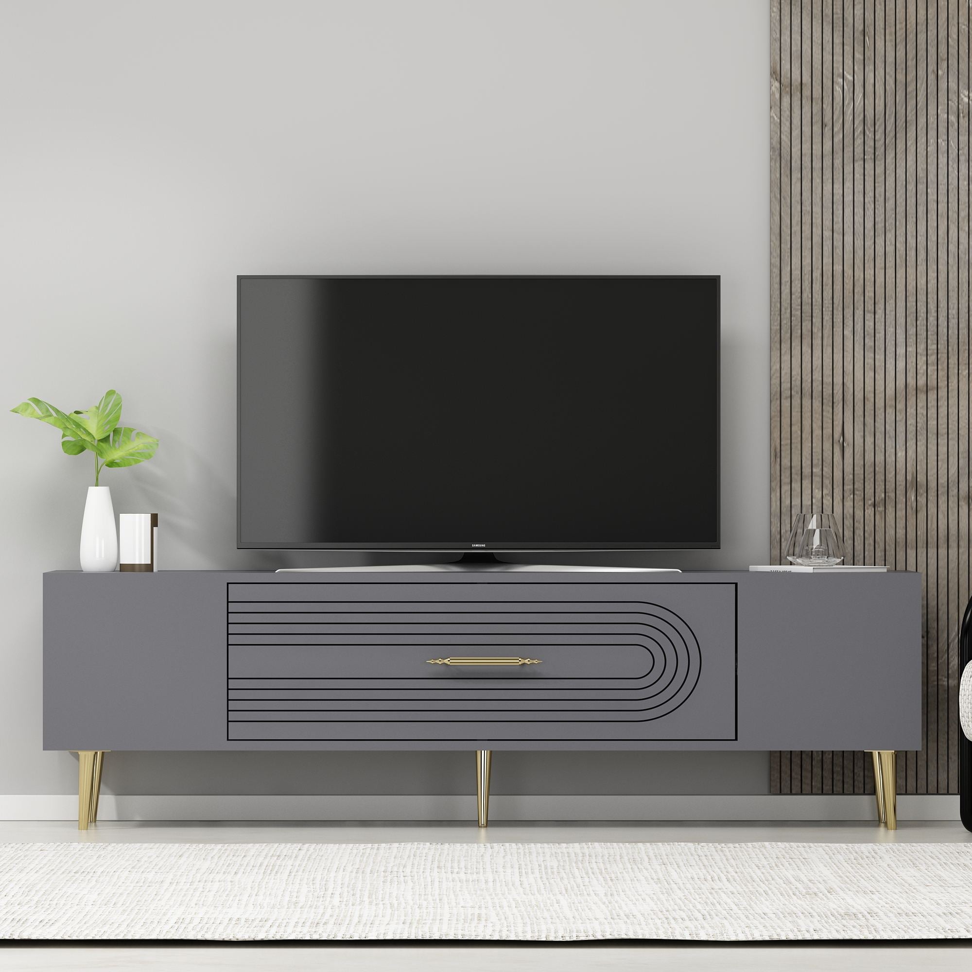 Móvel de TV – 150 cm x 48,2 cm x 29,6 cm – Antracite e Dourado – Painéis de partículas revestidos a melamina