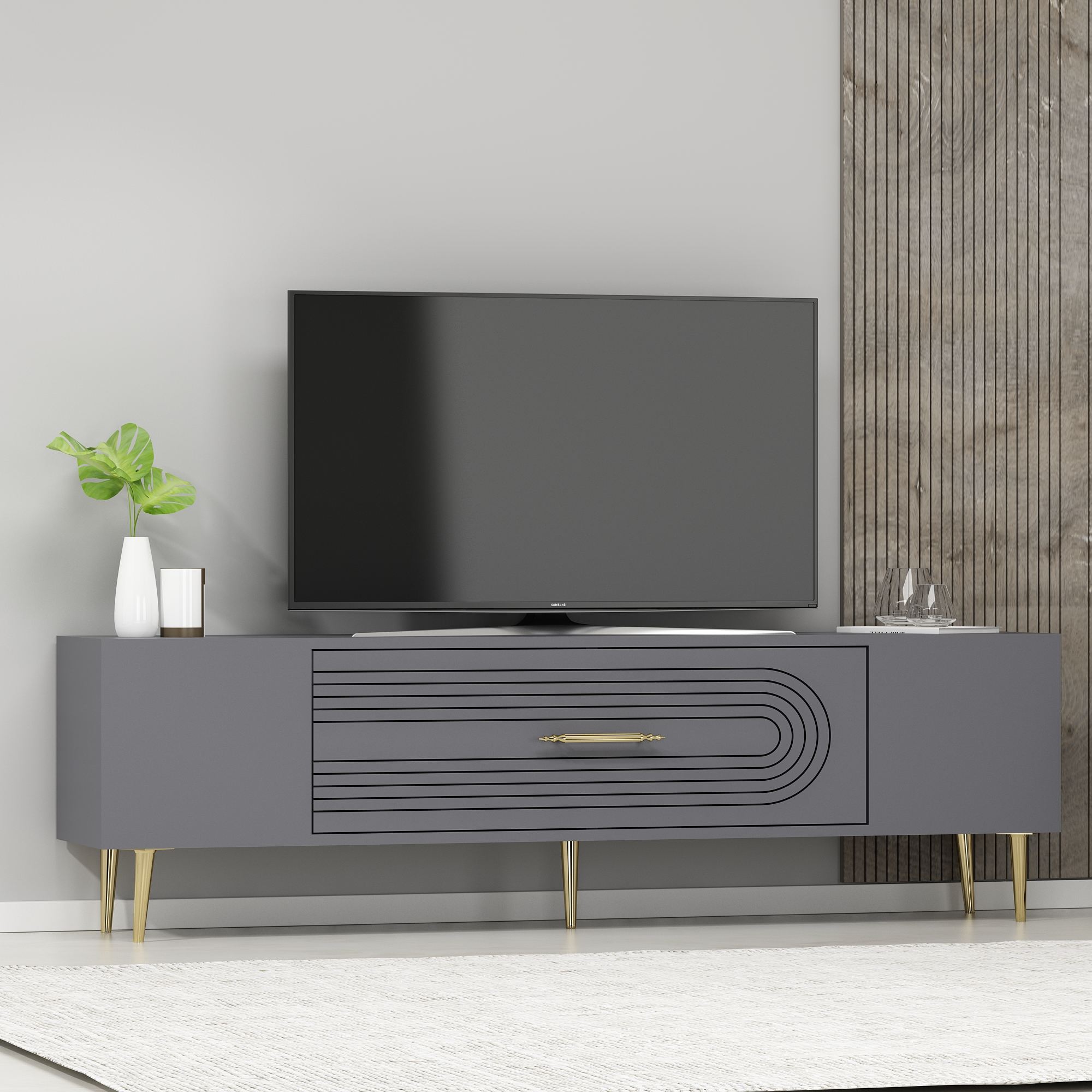 Móvel de TV – 150 cm x 48,2 cm x 29,6 cm – Antracite e Dourado – Painéis de partículas revestidos a melamina