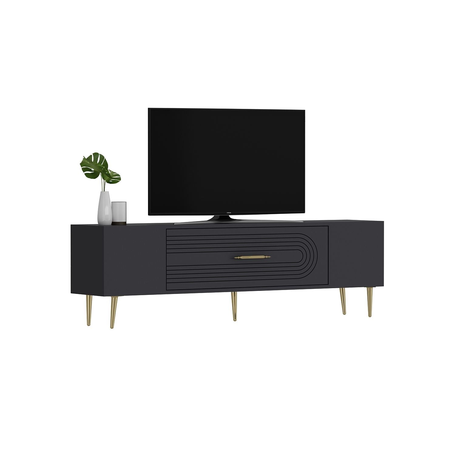Móvel de TV – 150 cm x 48,2 cm x 29,6 cm – Antracite e Dourado – Painéis de partículas revestidos a melamina