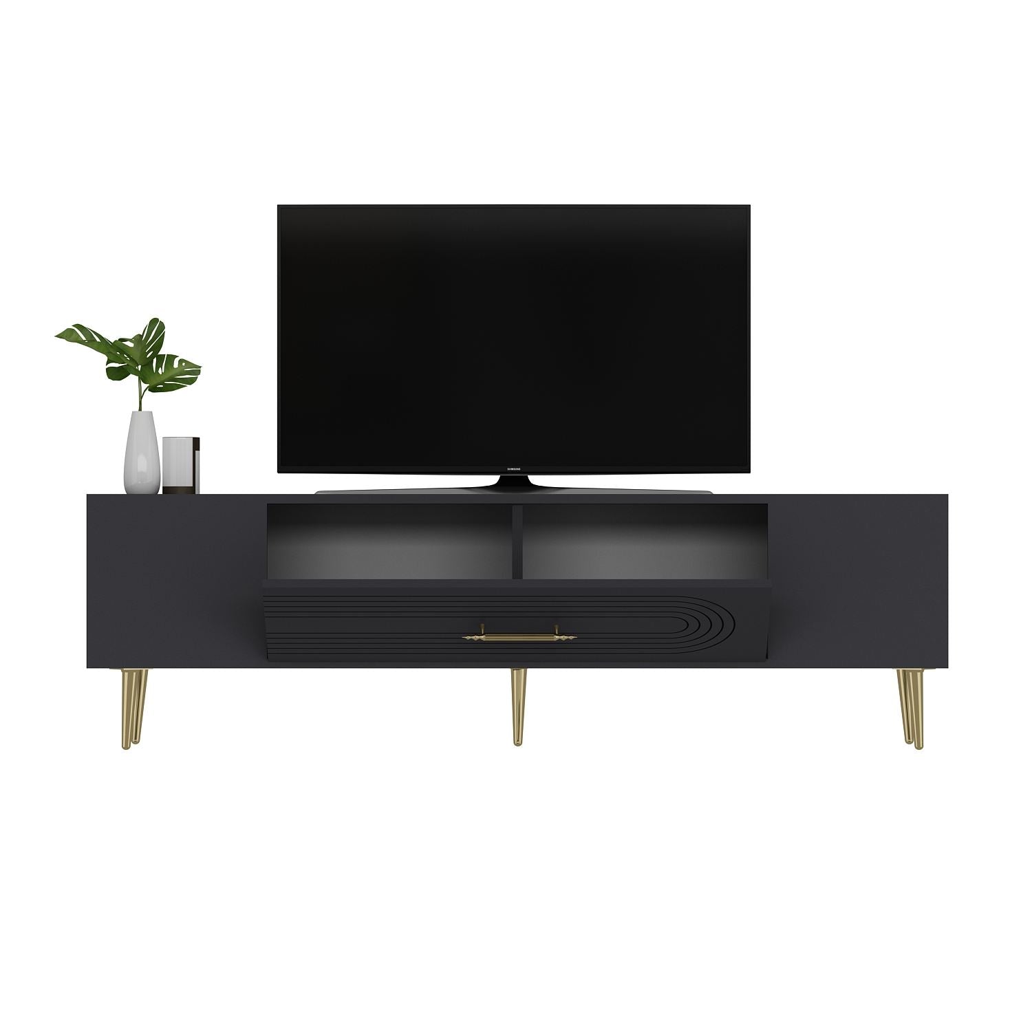 Móvel de TV – 150 cm x 48,2 cm x 29,6 cm – Antracite e Dourado – Painéis de partículas revestidos a melamina