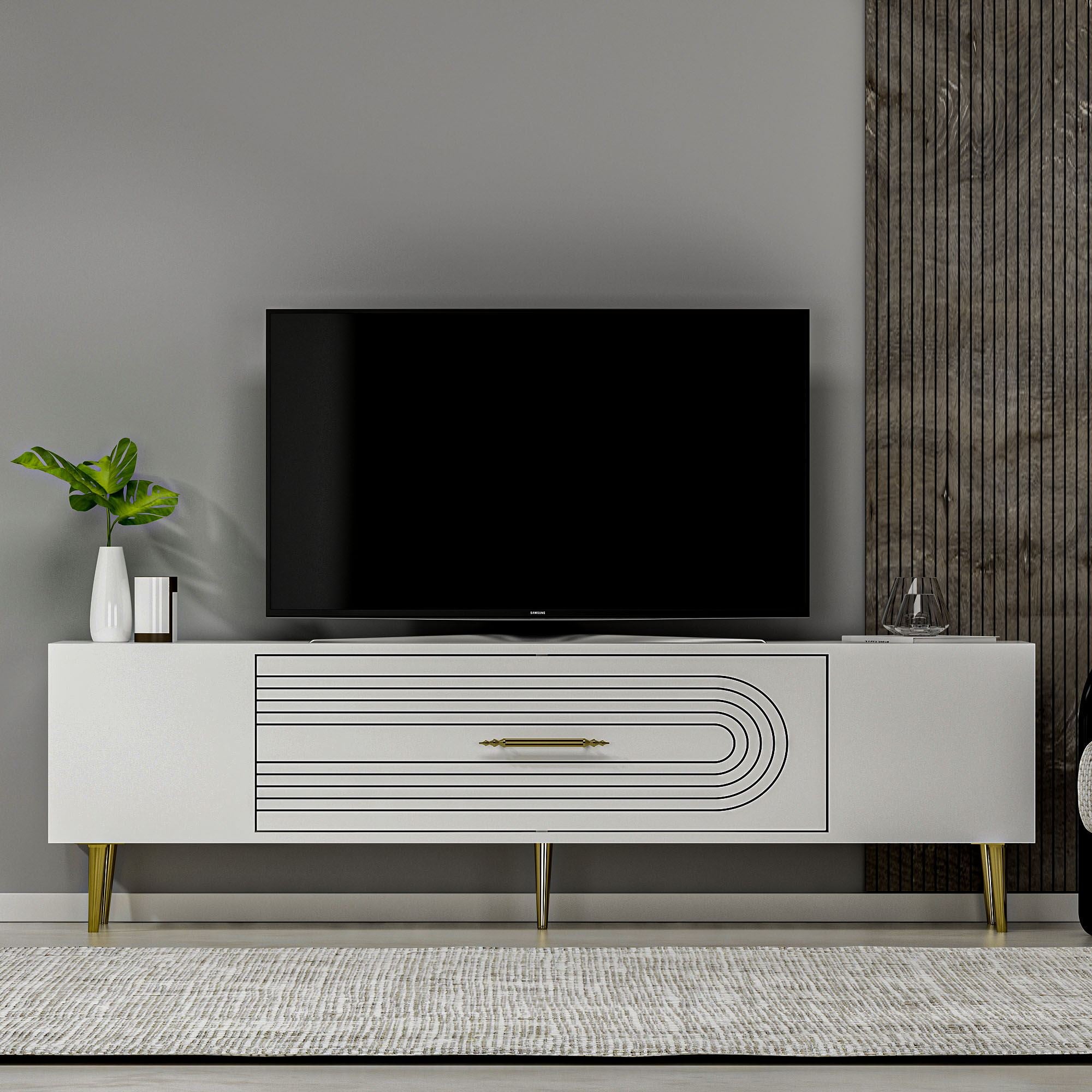 Móvel de TV – 150 cm – Branco e Dourado – Painéis de partículas revestidos a melamina