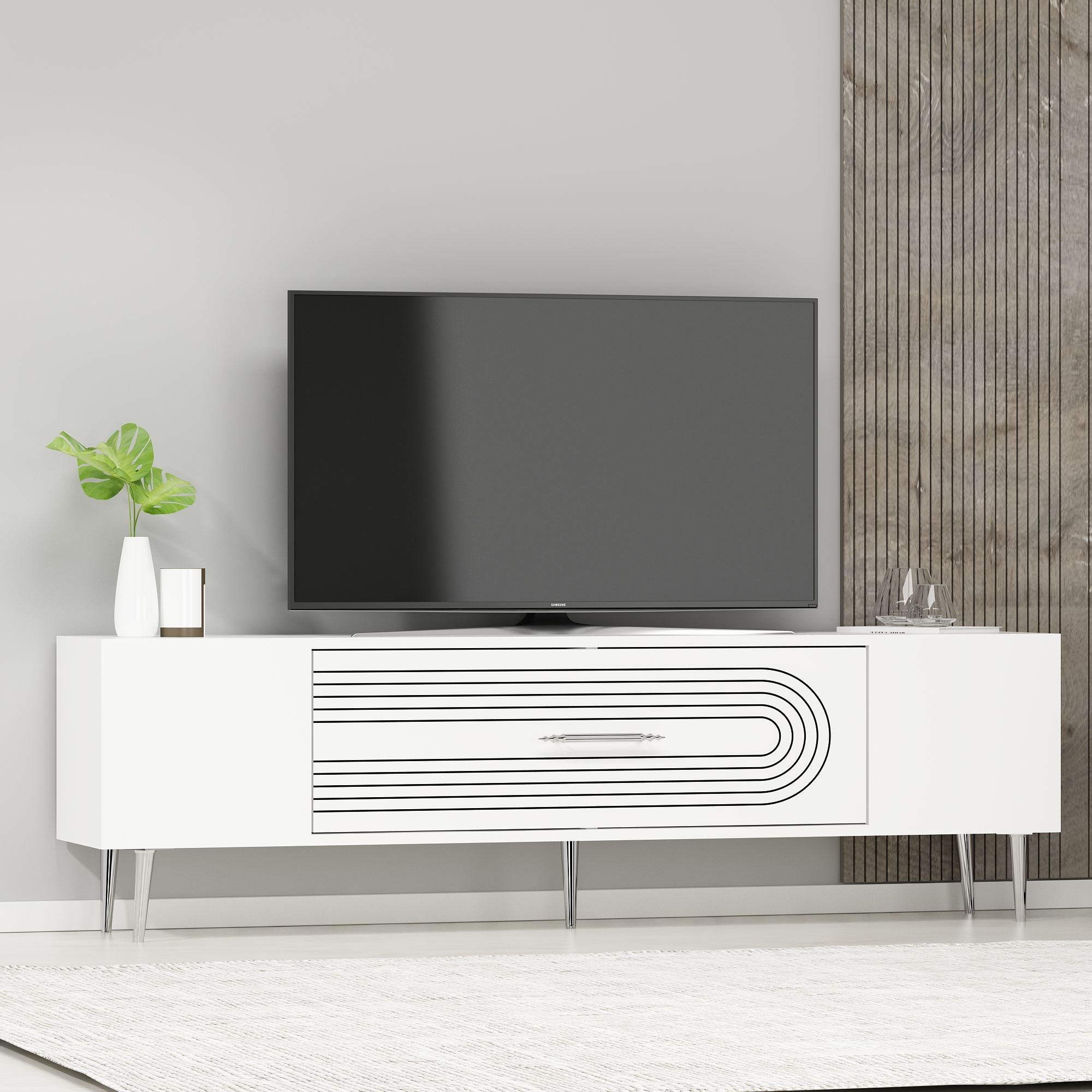 Móvel de TV – 150 cm x 48,2 cm x 29,6 cm – Branco e Prata – Painéis de partículas revestidos a melamina