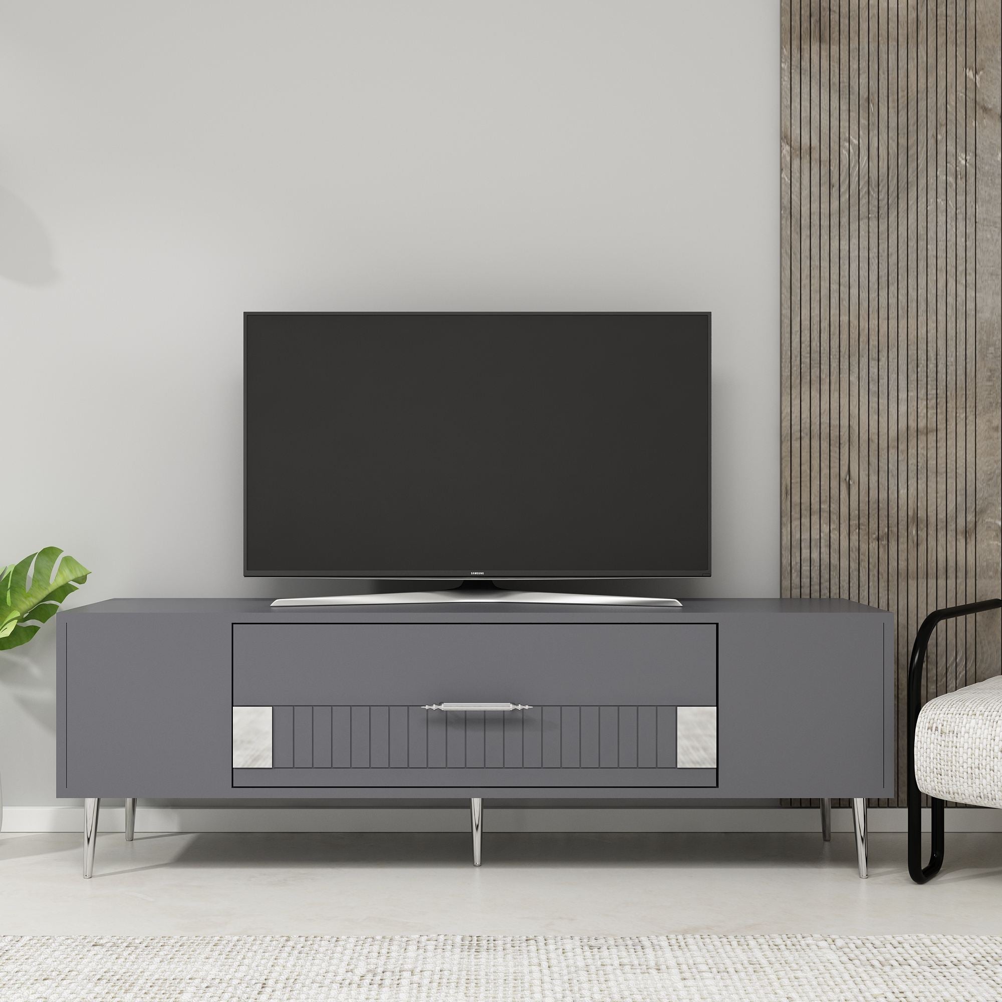 Móvel de TV – 150 cm x 48,2 cm x 29,6 cm – Antracite e Prata – painel de partículas revestido a melamina
