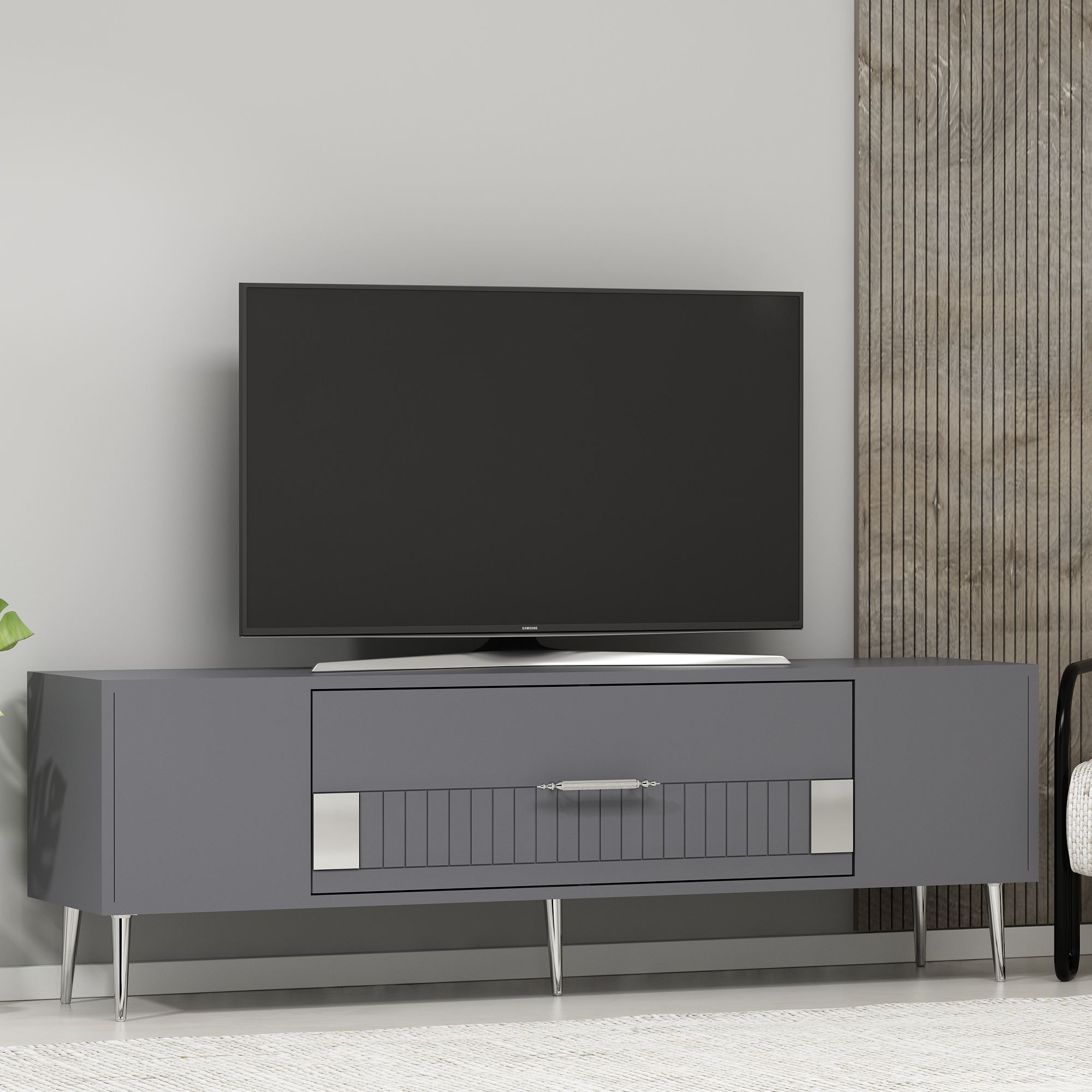 Móvel de TV – 150 cm x 48,2 cm x 29,6 cm – Antracite e Prata – painel de partículas revestido a melamina