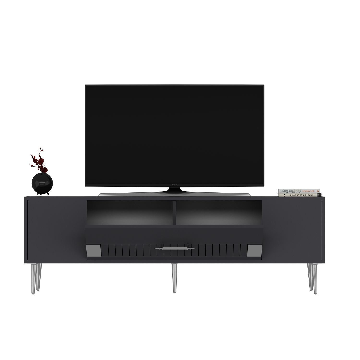 Móvel de TV – 150 cm x 48,2 cm x 29,6 cm – Antracite e Prata – painel de partículas revestido a melamina