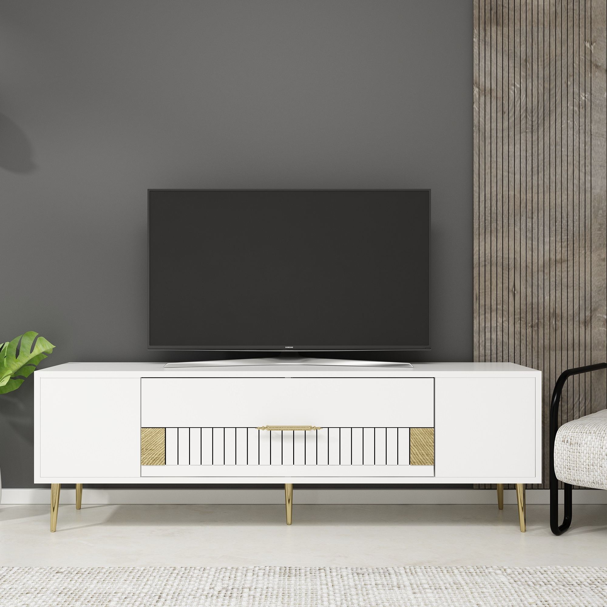 Móvel de TV – 150 cm x 48,2 cm x 29,6 cm – Branco e Dourado – Melamina