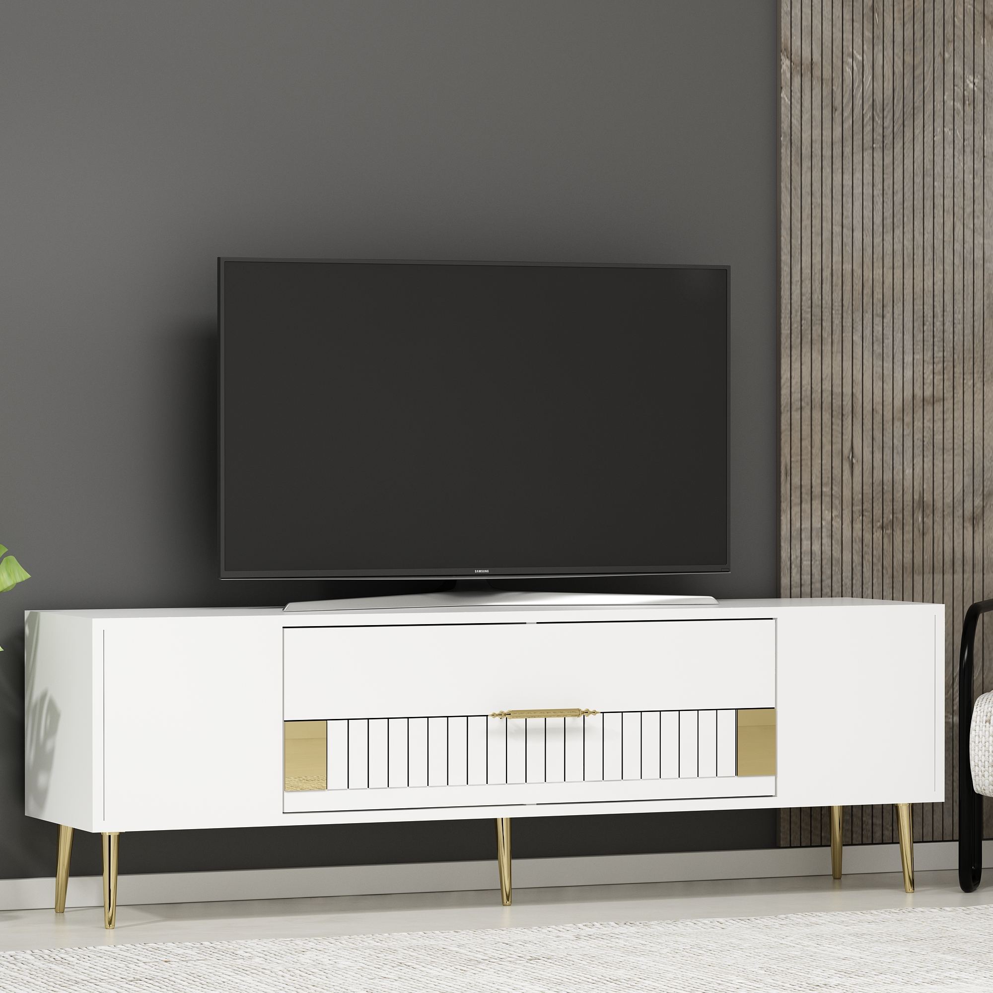 Móvel de TV – 150 cm x 48,2 cm x 29,6 cm – Branco e Dourado – Melamina