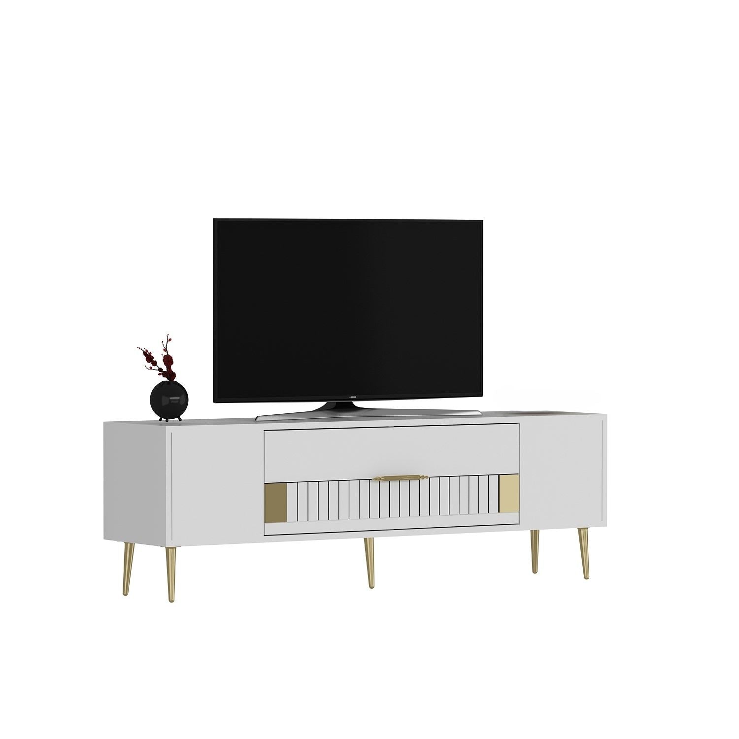 Móvel de TV – 150 cm x 48,2 cm x 29,6 cm – Branco e Dourado – Melamina