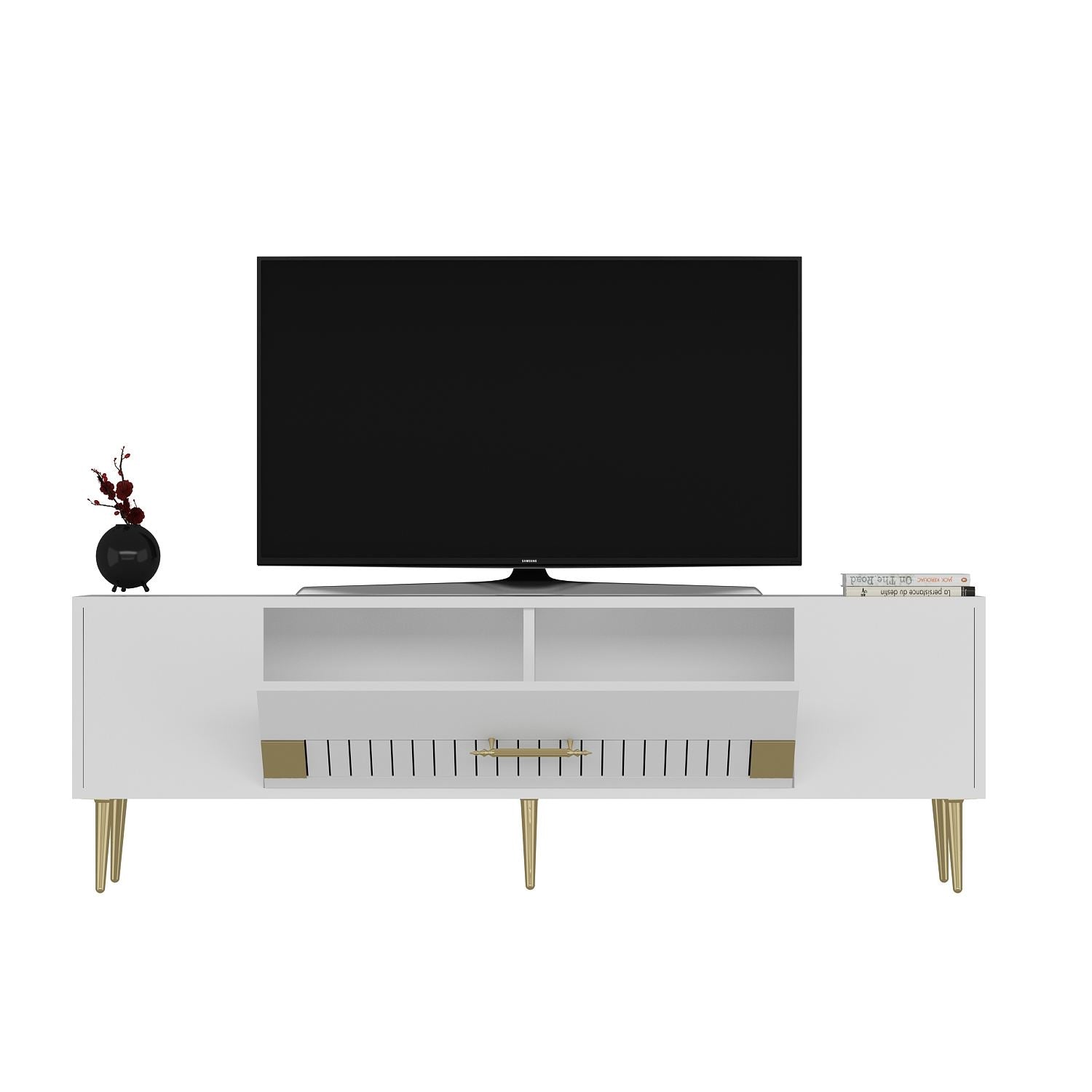 Móvel de TV – 150 cm x 48,2 cm x 29,6 cm – Branco e Dourado – Melamina
