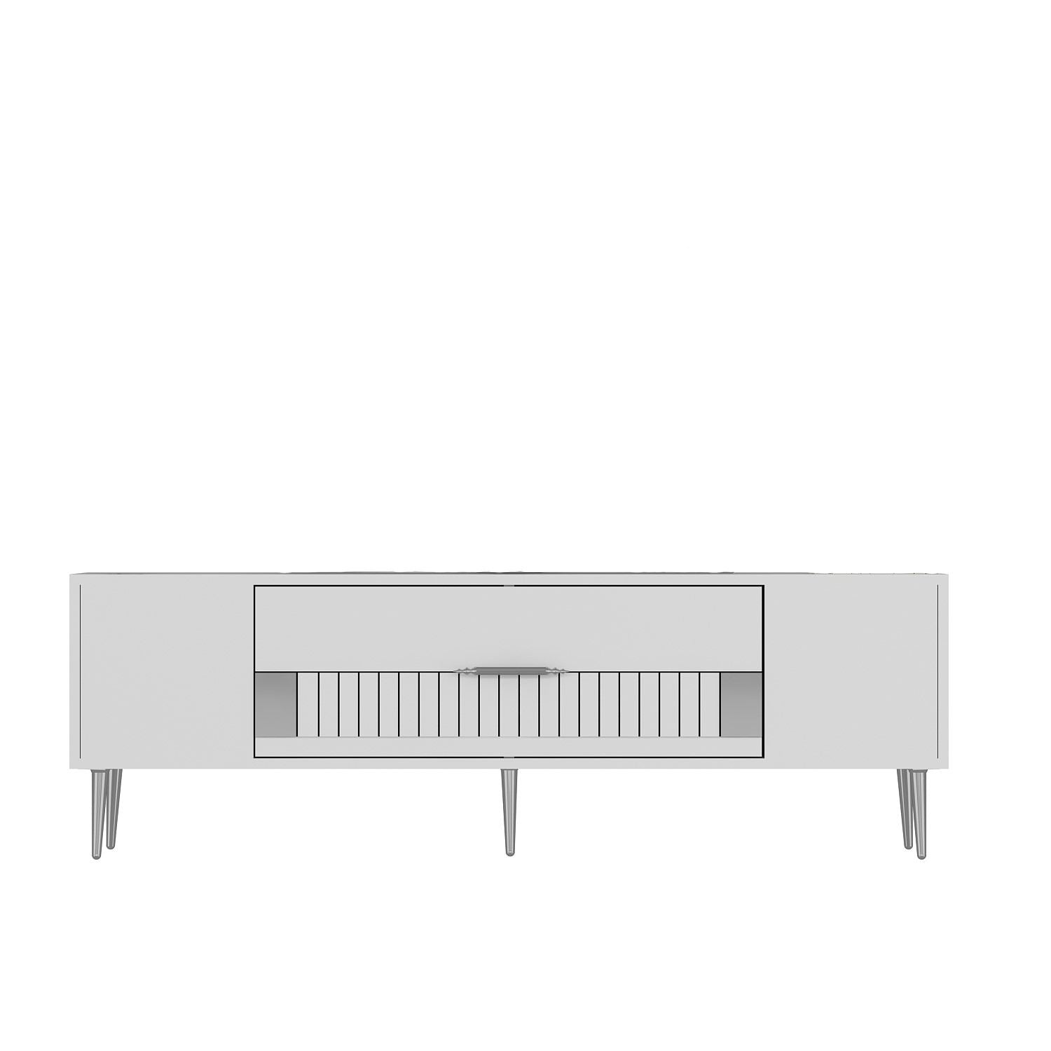 Móvel de TV – 150 cm x 48,2 cm x 29,6 cm – Branco e Prata – Painéis de partículas revestidos a melamina