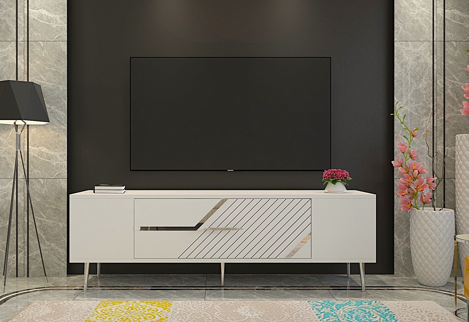 Móvel de TV – 150 cm x 48,2 cm x 29,6 cm – Branco e Prata – Painel de Partículas Revestido a Melamina