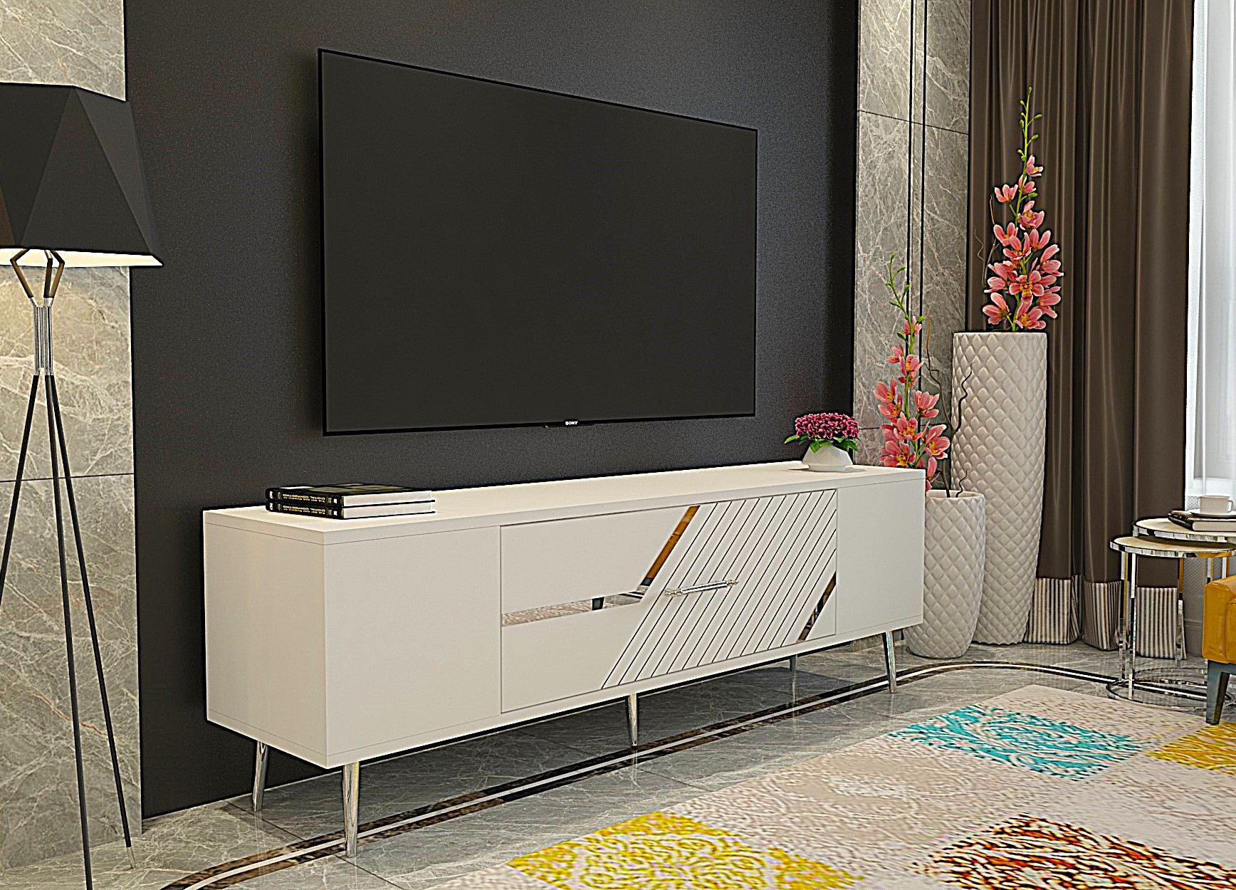 Móvel de TV – 150 cm x 48,2 cm x 29,6 cm – Branco e Prata – Painel de Partículas Revestido a Melamina