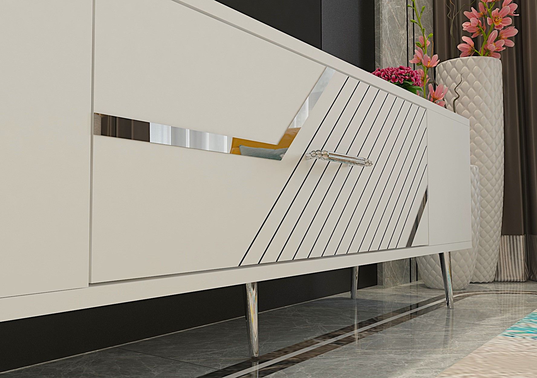 Móvel de TV – 150 cm x 48,2 cm x 29,6 cm – Branco e Prata – Painel de Partículas Revestido a Melamina