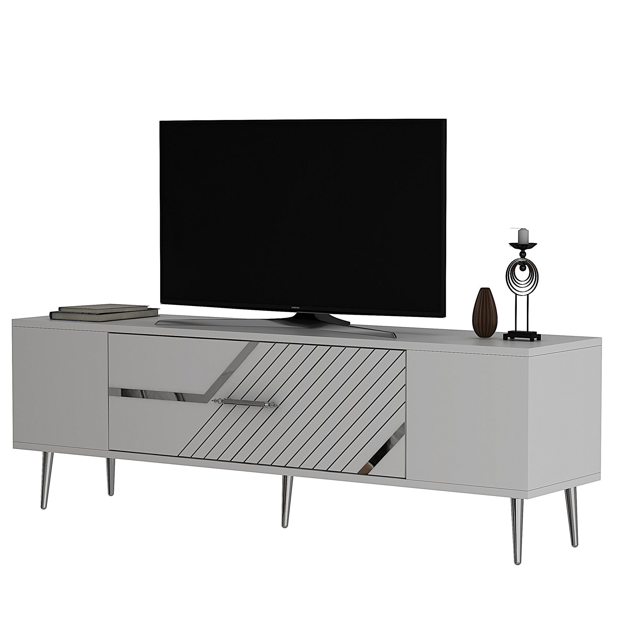 Móvel de TV – 150 cm x 48,2 cm x 29,6 cm – Branco e Prata – Painel de Partículas Revestido a Melamina