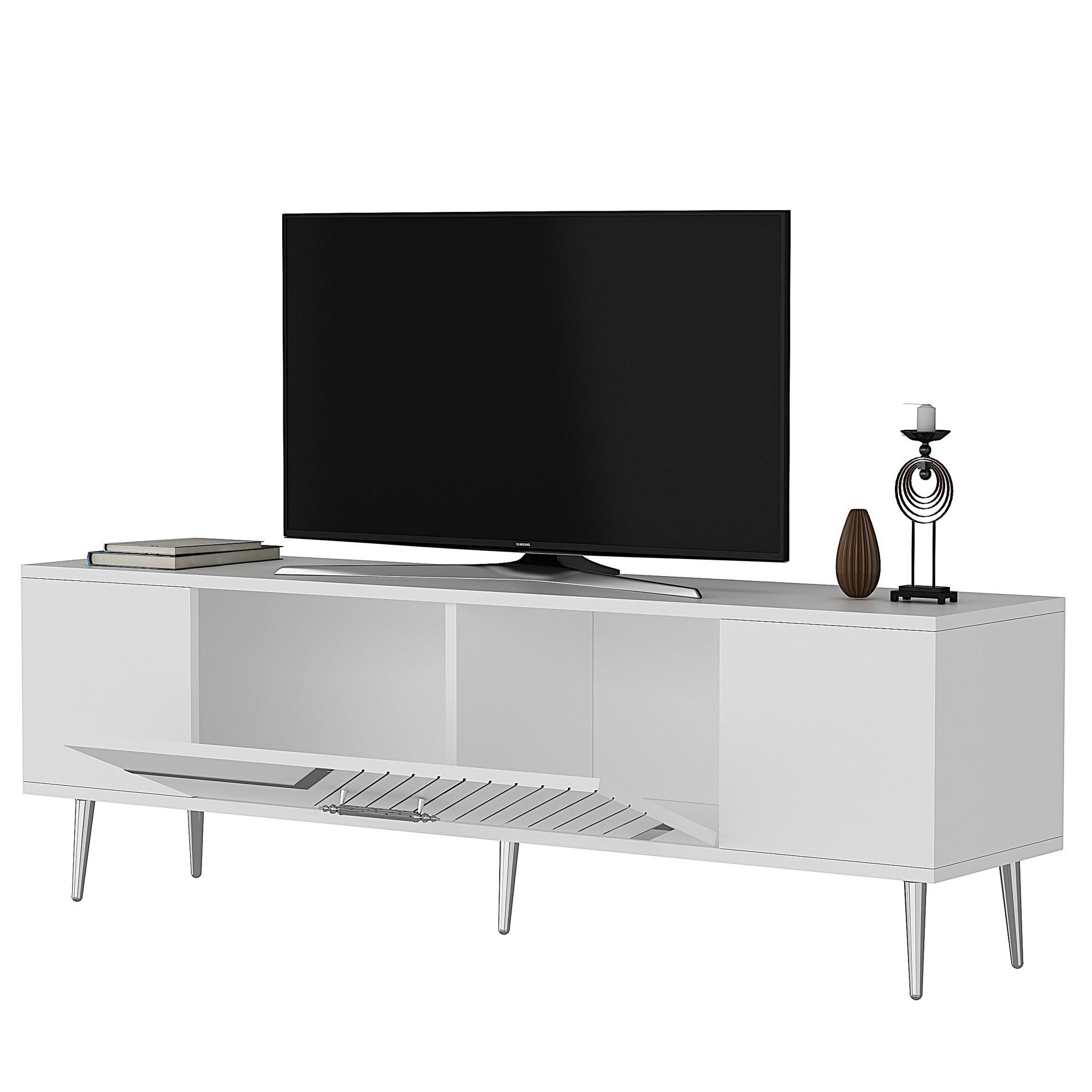 Móvel de TV – 150 cm x 48,2 cm x 29,6 cm – Branco e Prata – Painel de Partículas Revestido a Melamina