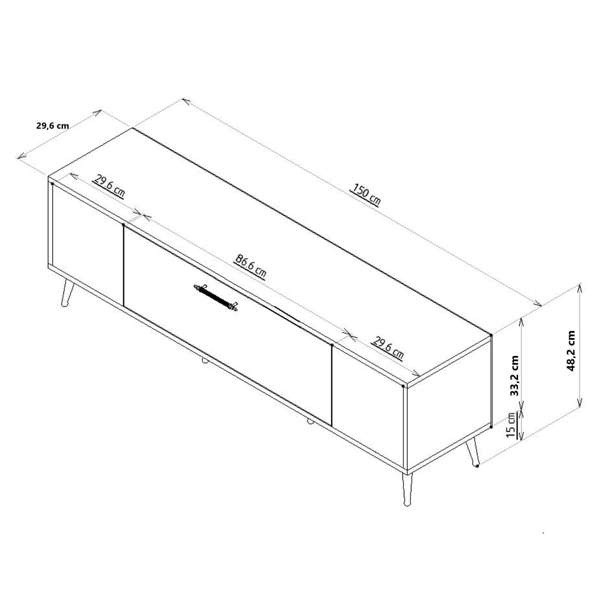 Móvel de TV – 150 cm x 48,2 cm x 29,6 cm – Branco e Prata – Painel de Partículas Revestido a Melamina
