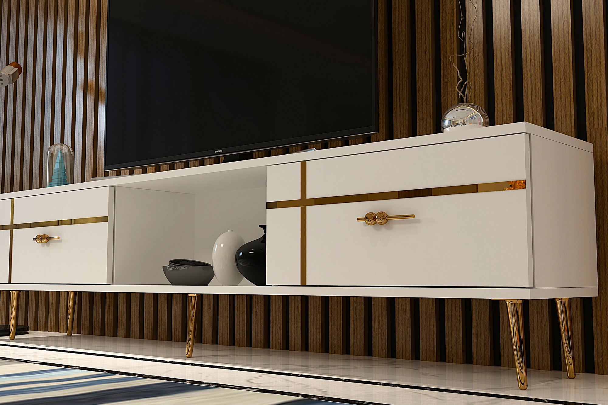 Móvel de TV – 150cm – Branco e Dourado – Aglomerado revestido de melamina