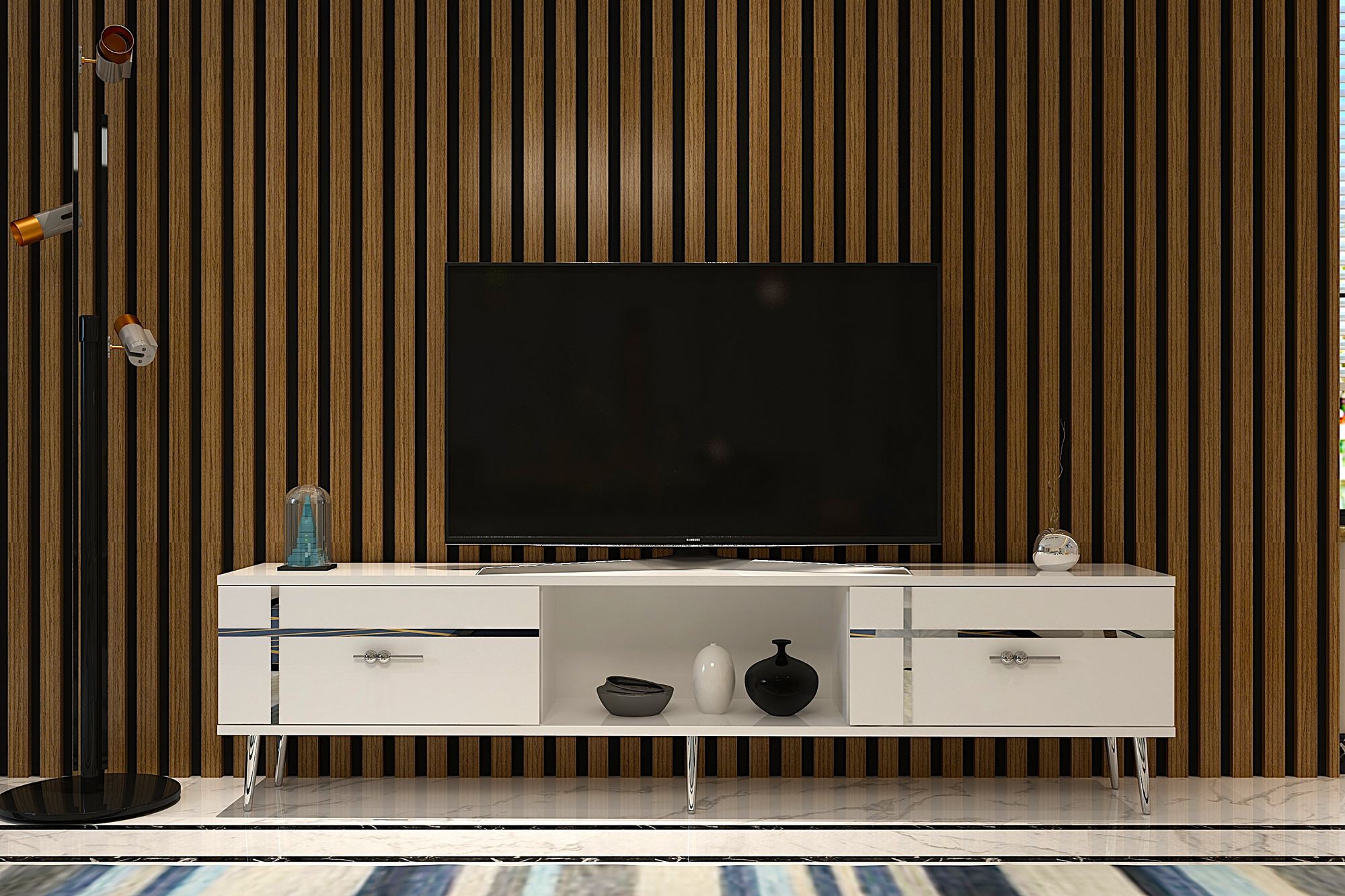 Móvel de TV – 150cm – Branco e Prata – Painel de partículas