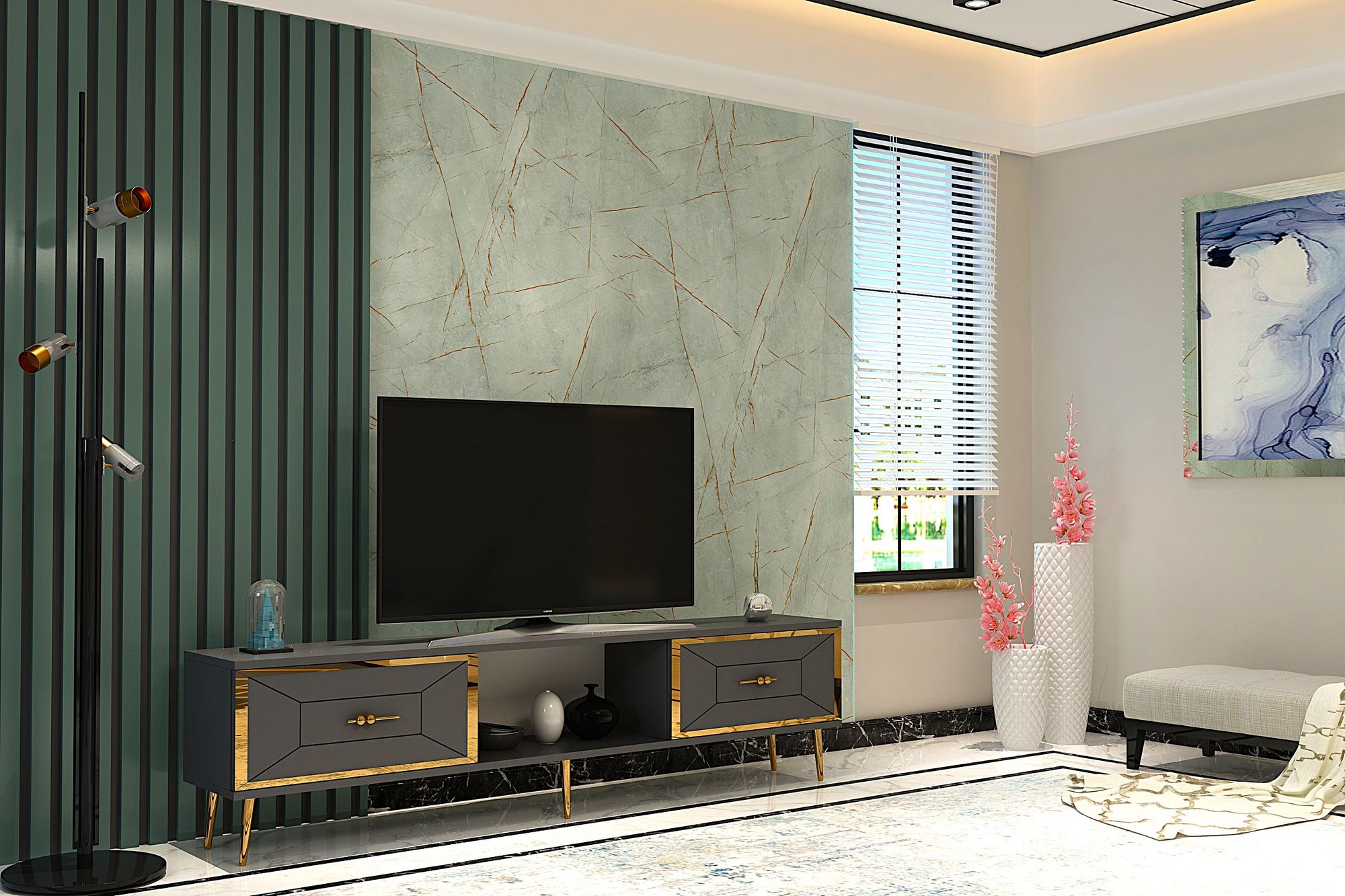 Móvel de TV – 150cm – Antracite e Ouro – MDF