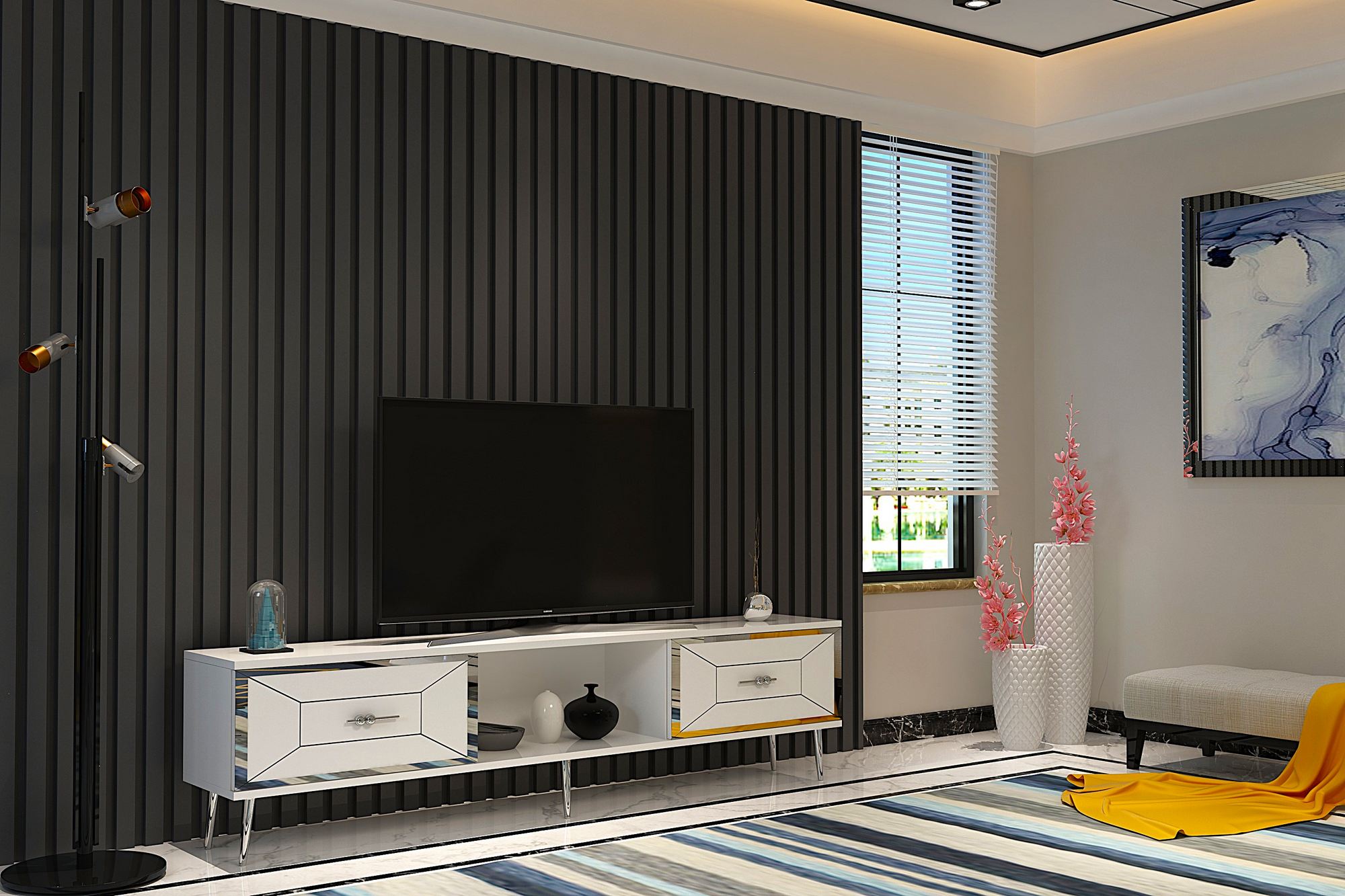 Móvel de TV – 150cm – Branco e Prata – Painel de partículas revestido de melamina