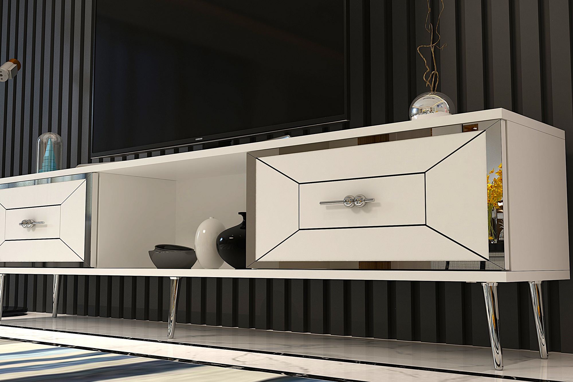 Móvel de TV – 150cm – Branco e Prata – Painel de partículas revestido de melamina
