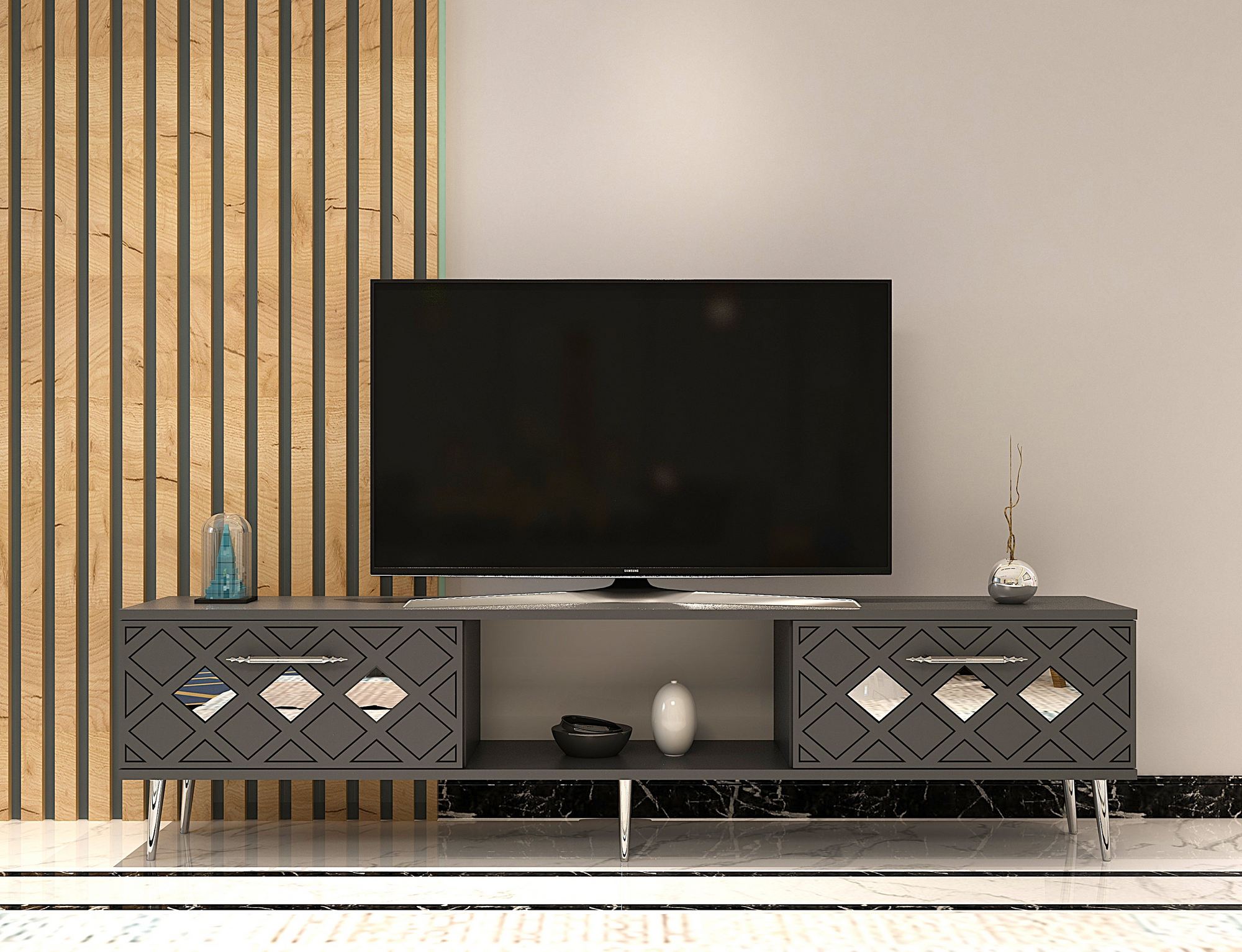 Móvel de TV – 150 cm x 40,6 cm x 29,6 cm – Antracite e Prata – Aglomerado revestido de melamina