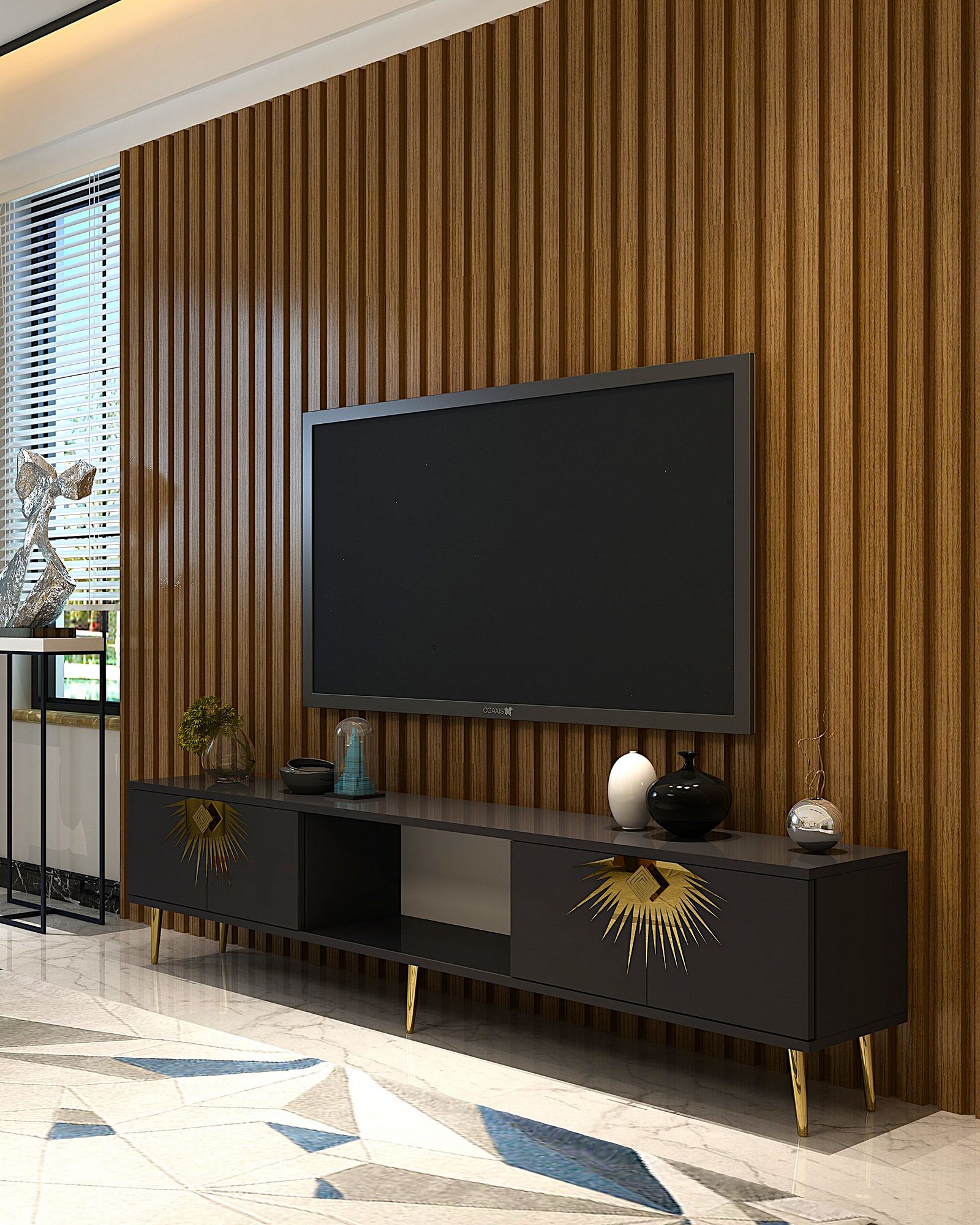 Móvel de TV – 150cm – Antracite e Ouro – MDF