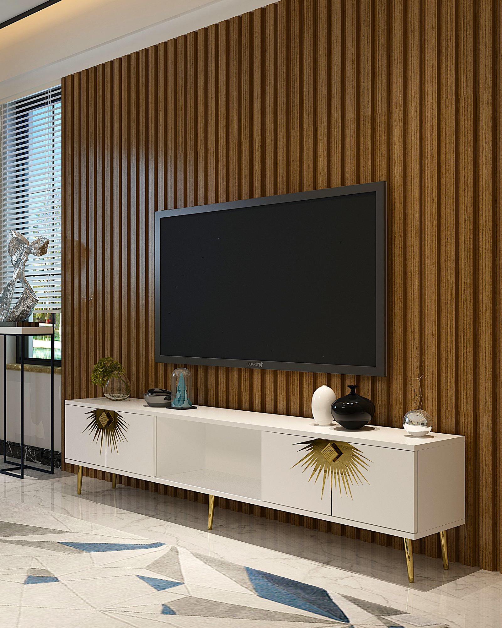 Móvel de TV – 150cm – Branco e Dourado – Aglomerado