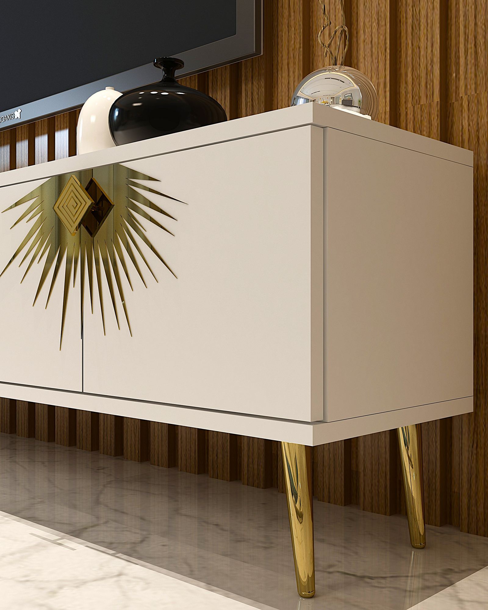 Móvel de TV – 150cm – Branco e Dourado – Aglomerado