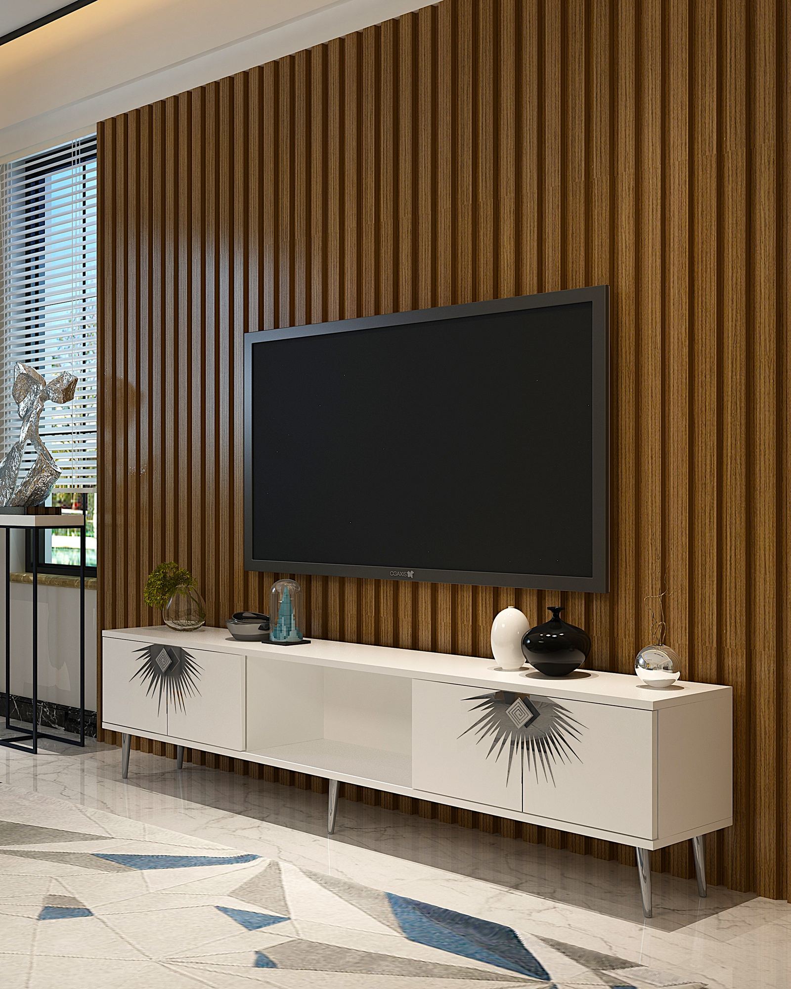 Móvel de TV – 150cm – Branco e Prata – Painel de partículas revestido de melamina