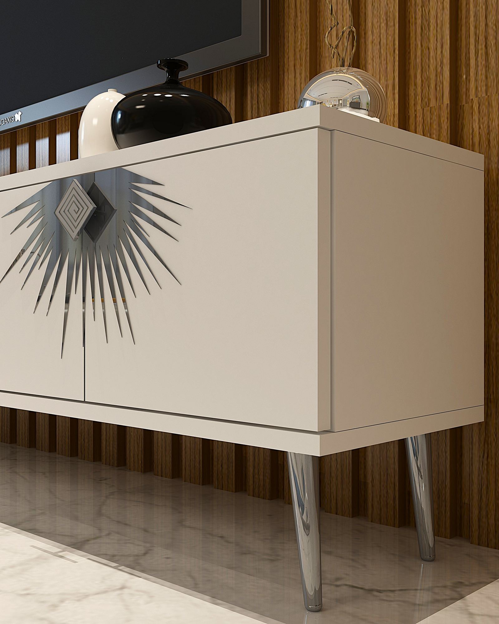 Móvel de TV – 150cm – Branco e Prata – Painel de partículas revestido de melamina
