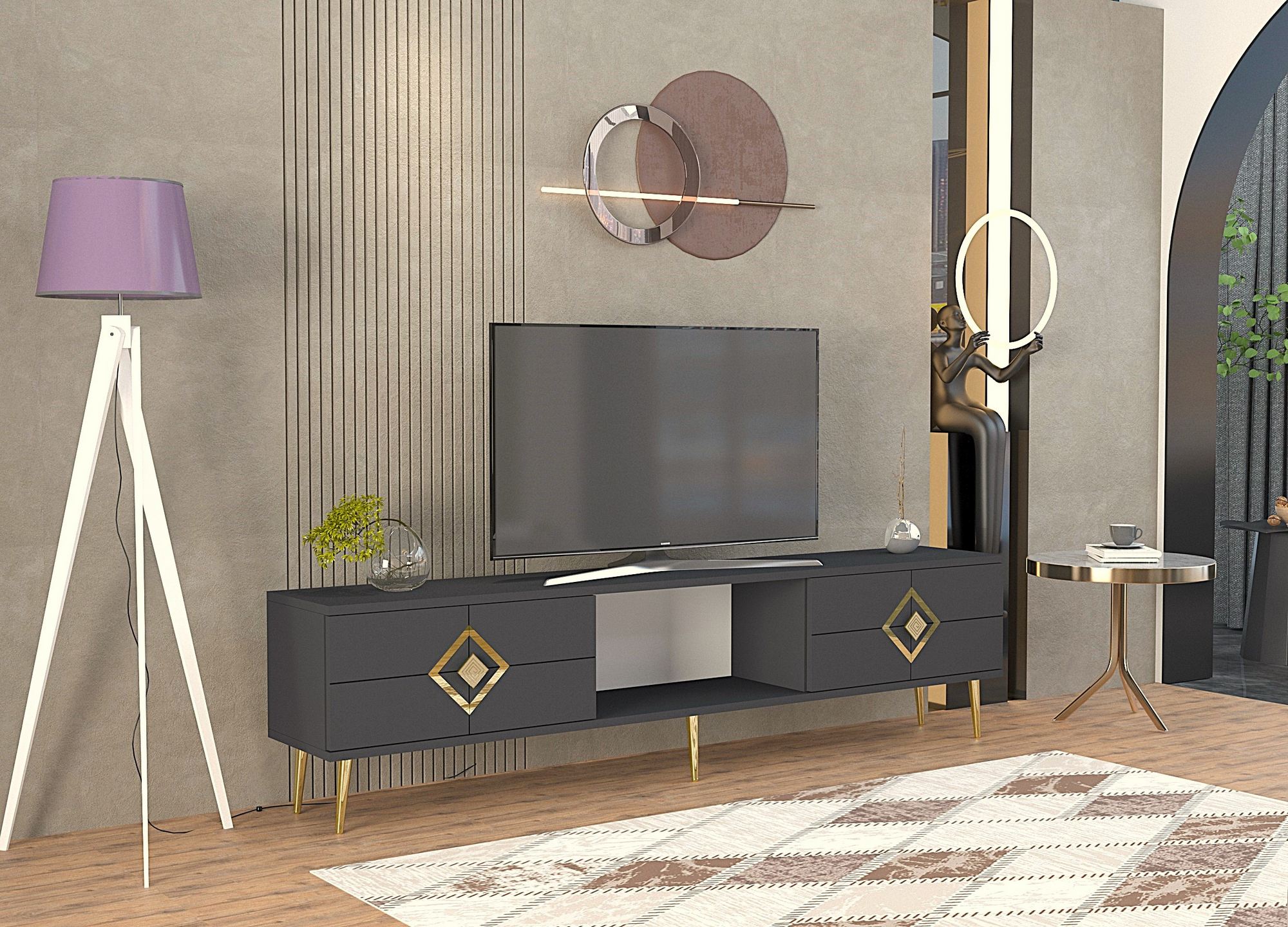 Móvel de TV – 150cm – Antracite e Ouro – MDF