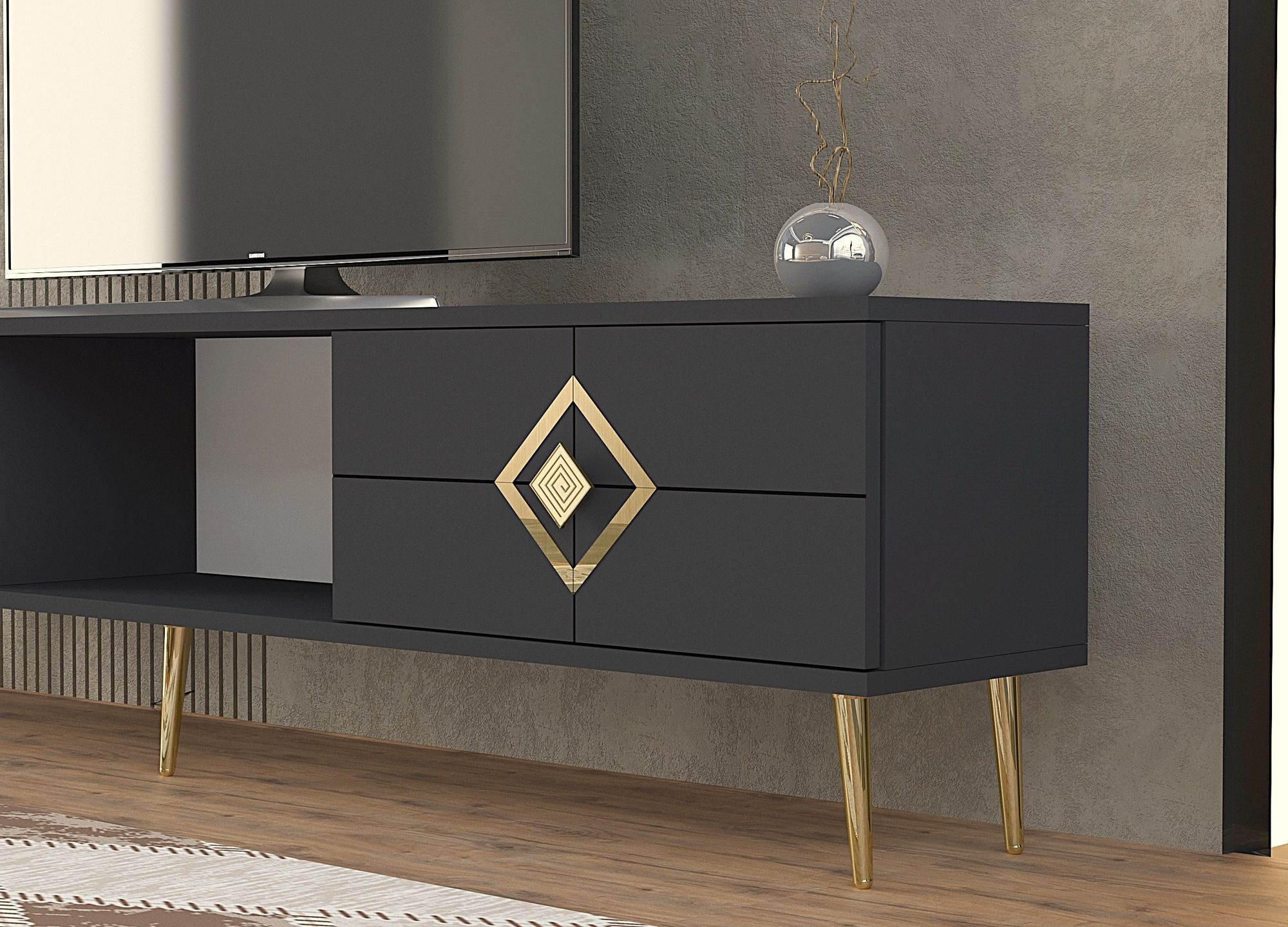 Móvel de TV – 150cm – Antracite e Ouro – MDF