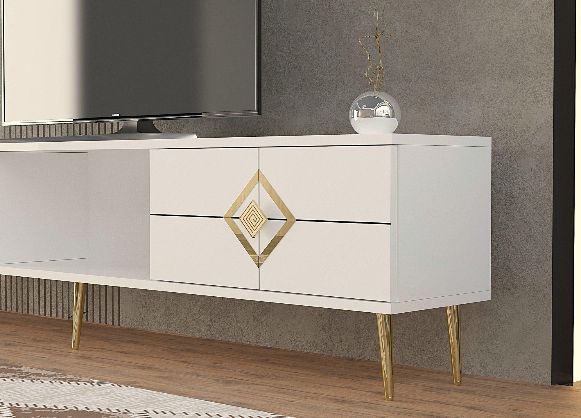 Móvel de TV – 150cm – Branco e Dourado – Aglomerado de melamina