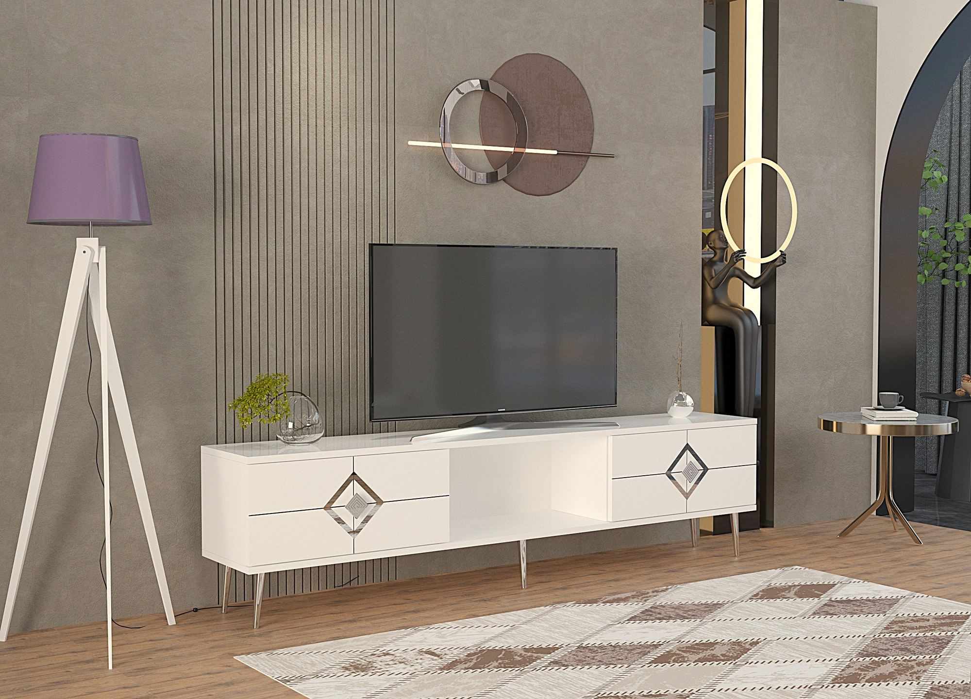 Móvel de TV – 150cm x 40.6cm x 29.6cm – Branco e Prata – Painel de partículas