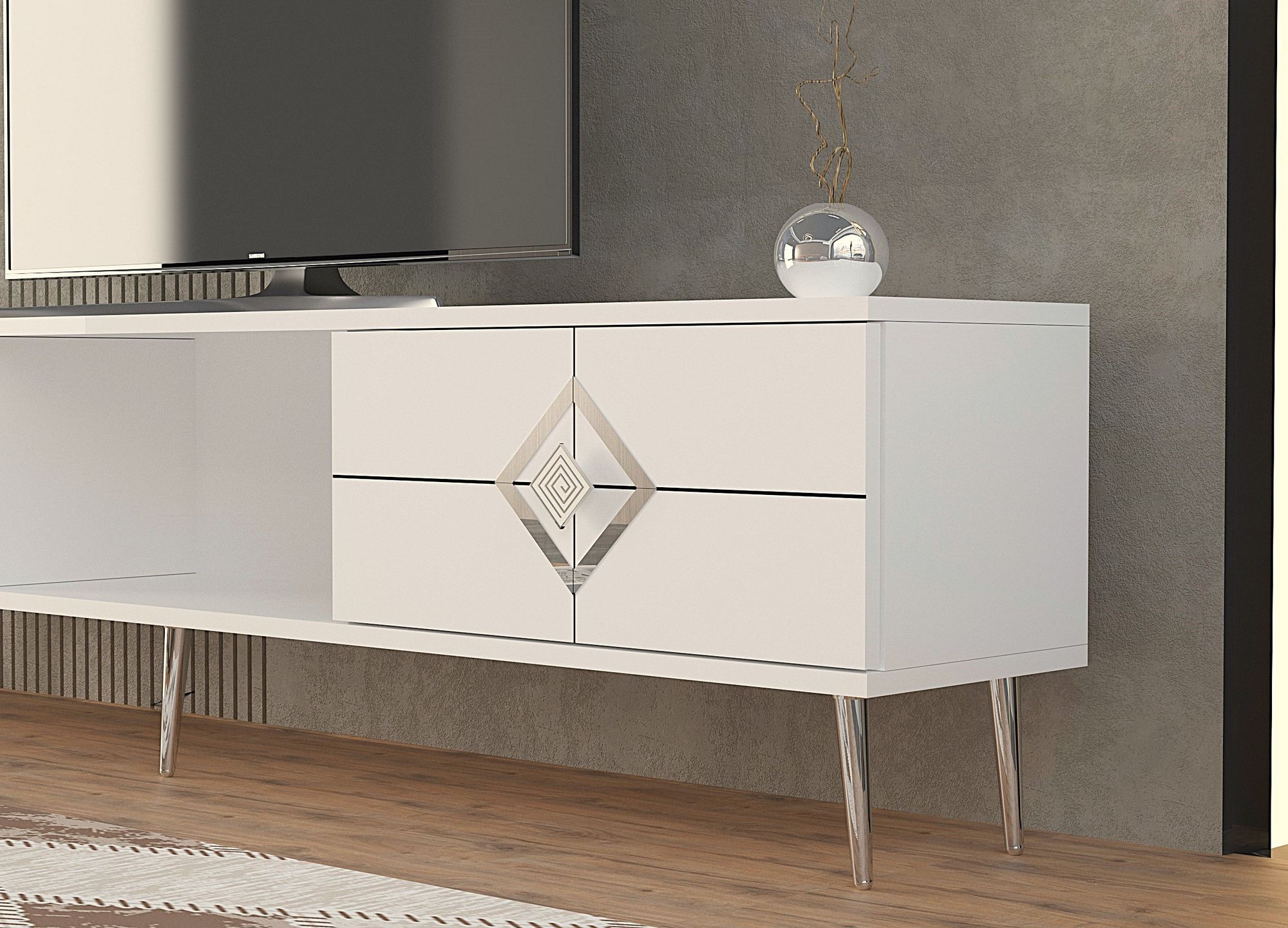Móvel de TV – 150cm x 40.6cm x 29.6cm – Branco e Prata – Painel de partículas