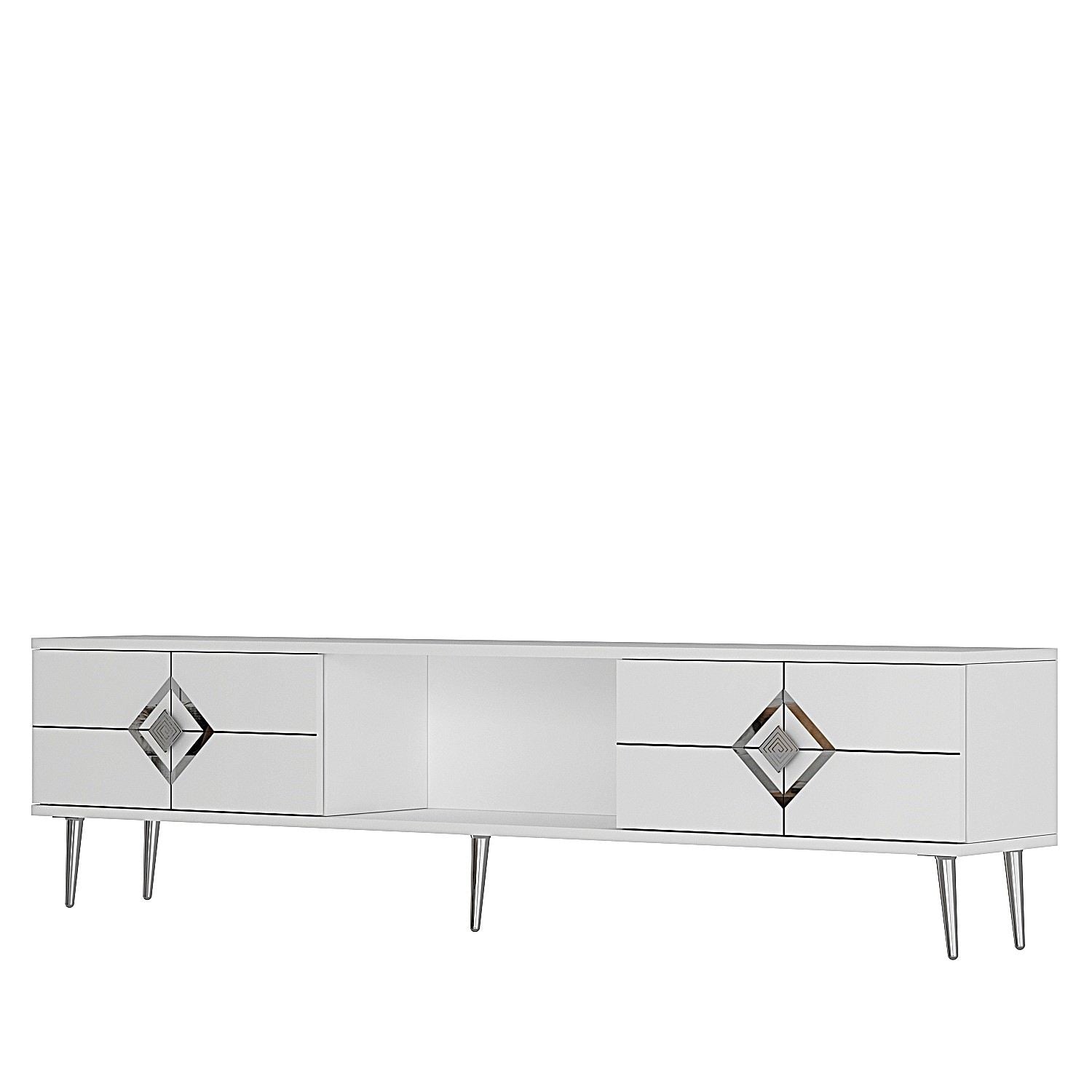 Móvel de TV – 150cm x 40.6cm x 29.6cm – Branco e Prata – Painel de partículas