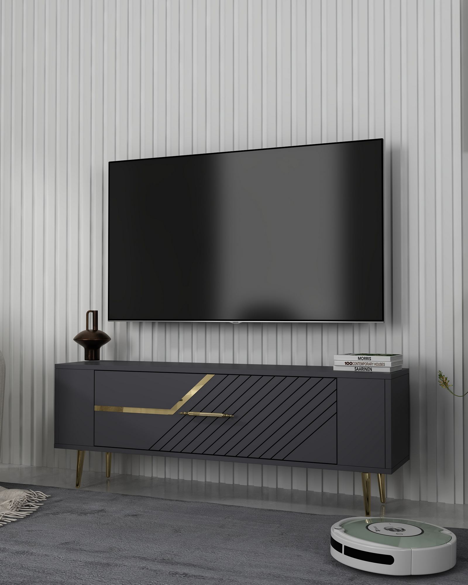 Móvel de TV – 120cm – Antracite e Dourado – MDF