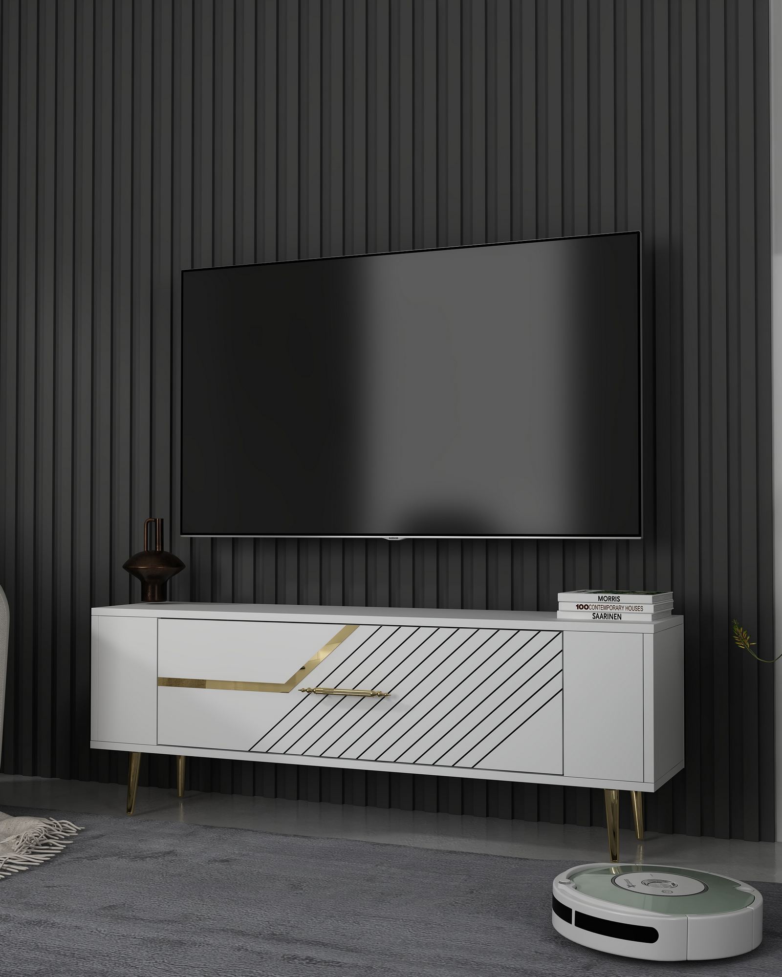 Móvel de TV – 120 cm x 48,2 cm x 26,4 cm – Branco e Dourado – MDF
